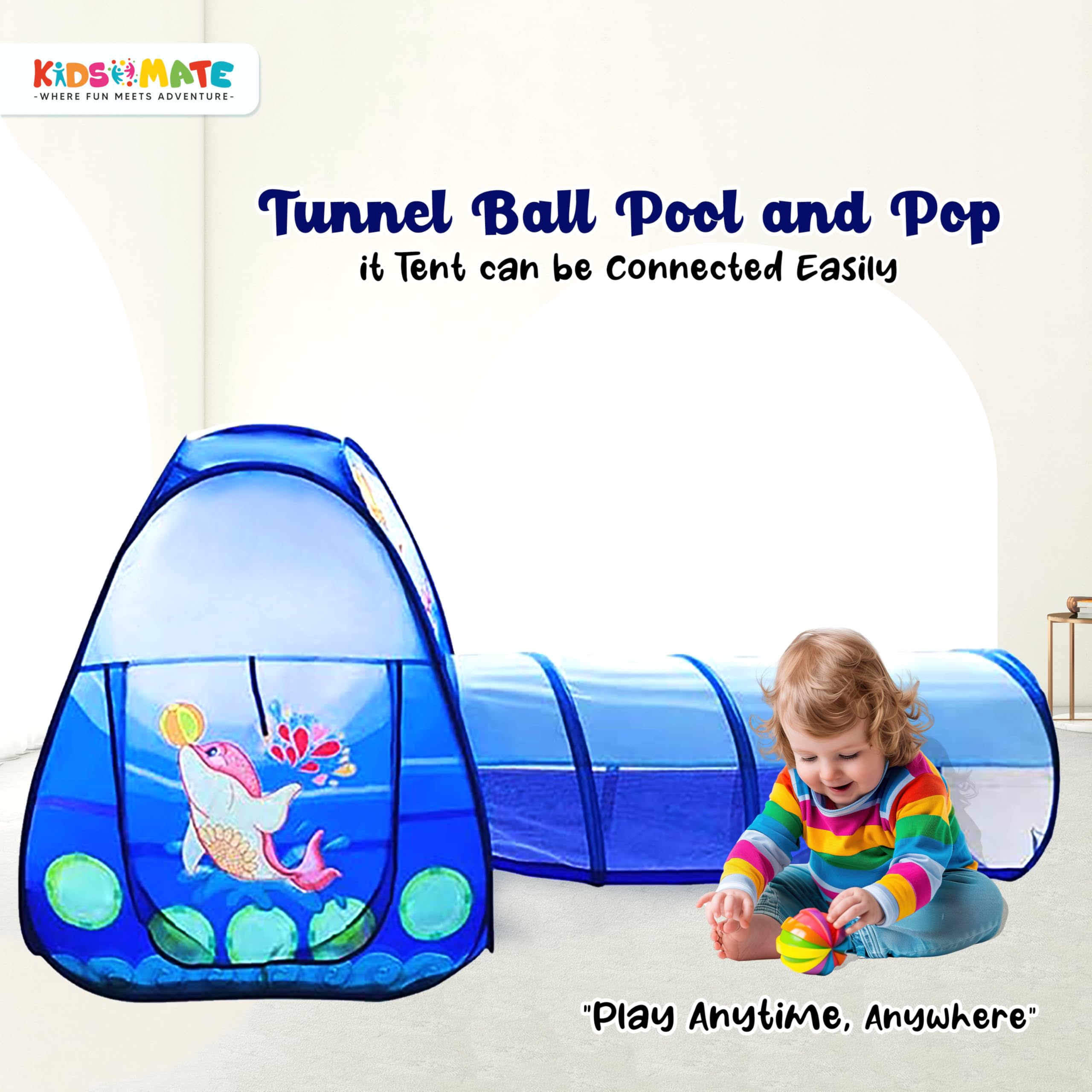 Kidsmate 3-in-1 Ball Pool Tunnel for Kids 1-5 Years | Foldable Pop-Up Tent with Crawling Tunnel, Ball Pit & Playhouse | Indoor/Outdoor Activity Toy for Boys & Girls | Balls Not Included – Blue - Image 3 thumbnail