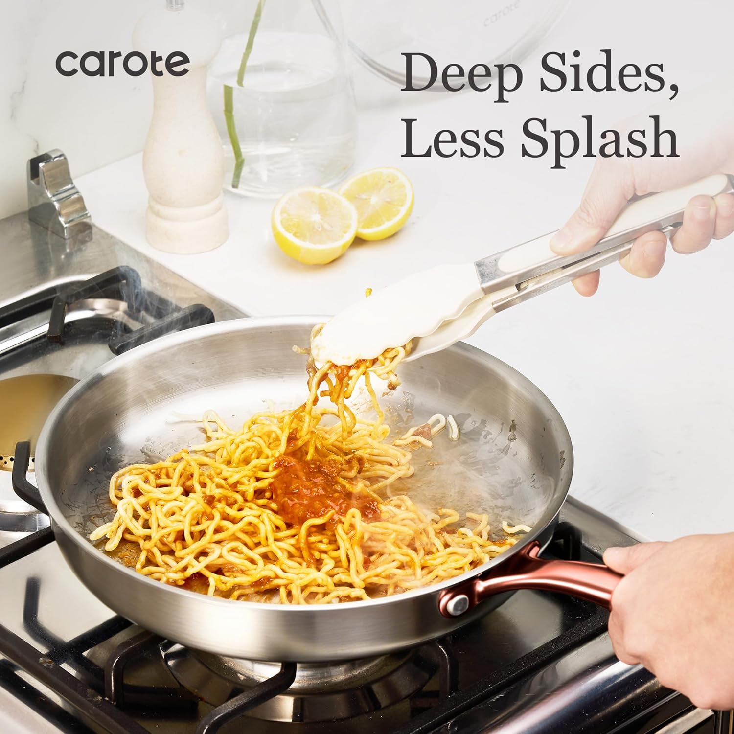 CAROTE 7-Piece Tri-Ply Stainless Steel Frying Pan Set, Skillet Set 8"/10"/12", Induction Compatible, Oven & Dishwasher Safe, Gold Handle