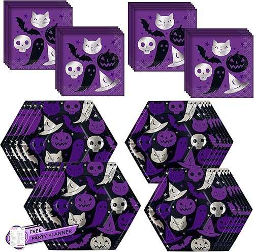Unique Vajilla desechable de Halloween para 8 platos de cena y postre, 20 servilletas de almuerzo, decoraciones de papel negro y plateado