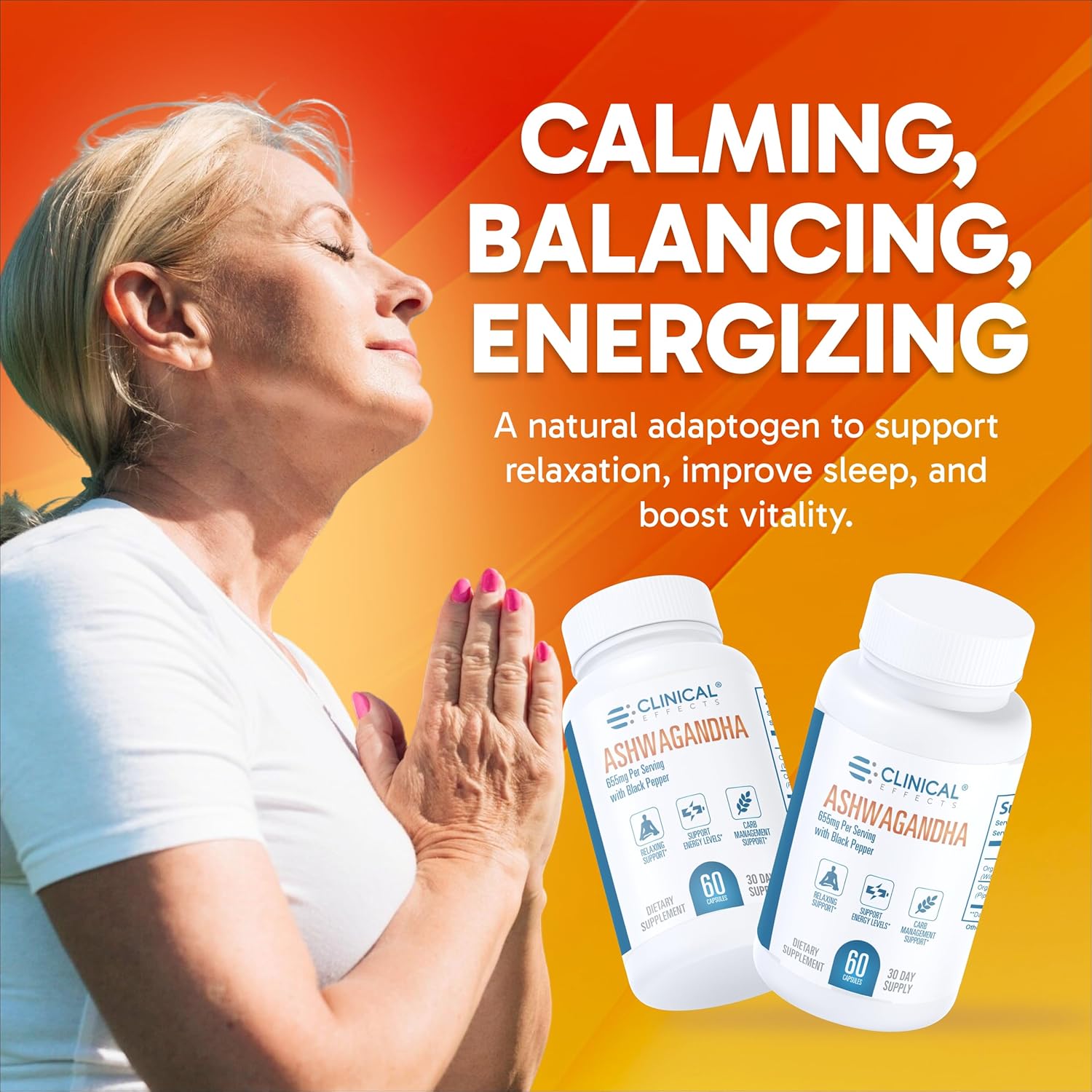 Clinical Effects Ashwagandha with Black Pepper for Stamina and Calm - 60 Ashwagandha Capsules - Made in the USA