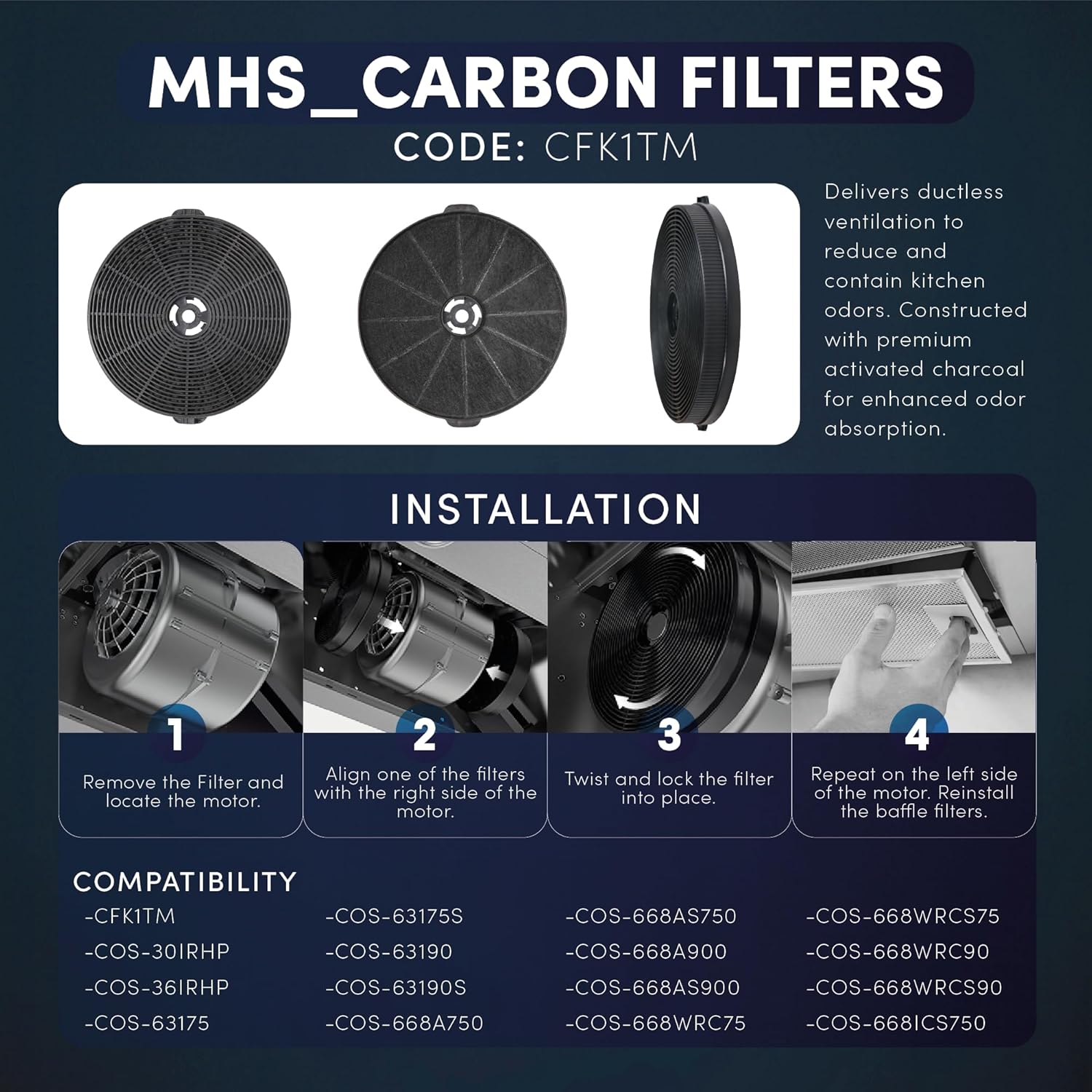 Charcoal Filter for Range Hood, Compatible with CFK1-TM, Range Hood Replacement Filter, Set of 2, MHS FILTERS