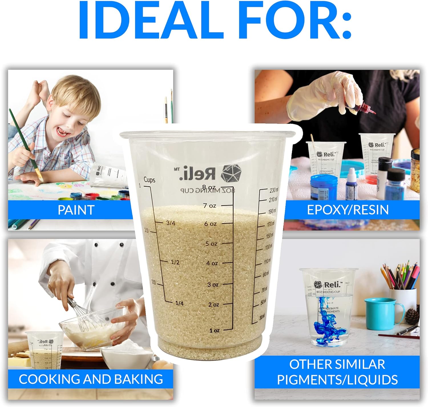 Reli. (120 Pcs) 8 oz Paint Mixing Cup/Resin Mixing | Disposable Measuring Cups | Clear Plastic Measure | Use for Paint, Epoxy Resin, Pigments