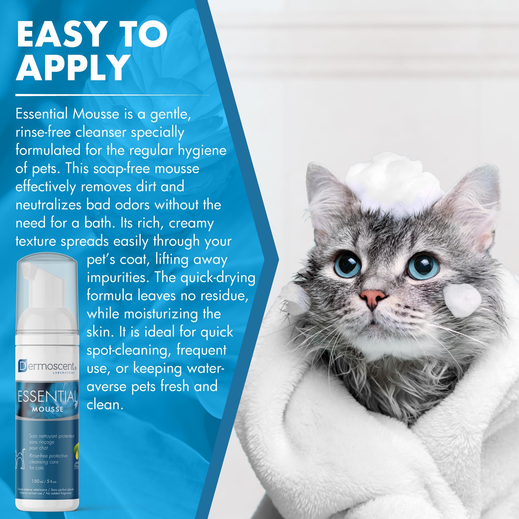 Dermoscent Essential Mousse pour Chat | Soin Nettoyant Protecteur sans Rinçage | 150 ML | Usage Fréquent