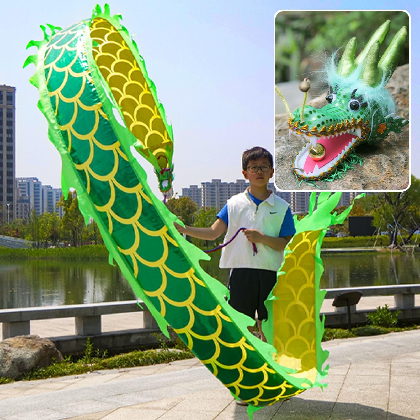 ALANIZ Dragon Poi Kids/Beginner Small Size Dragon Poi, Outdoor Fitness Dragon Design Spinning & Shaking Poi, Real-Like Dragon Flinging Ribbon with Dragon Head(Green,5 m (16.4 ft))
