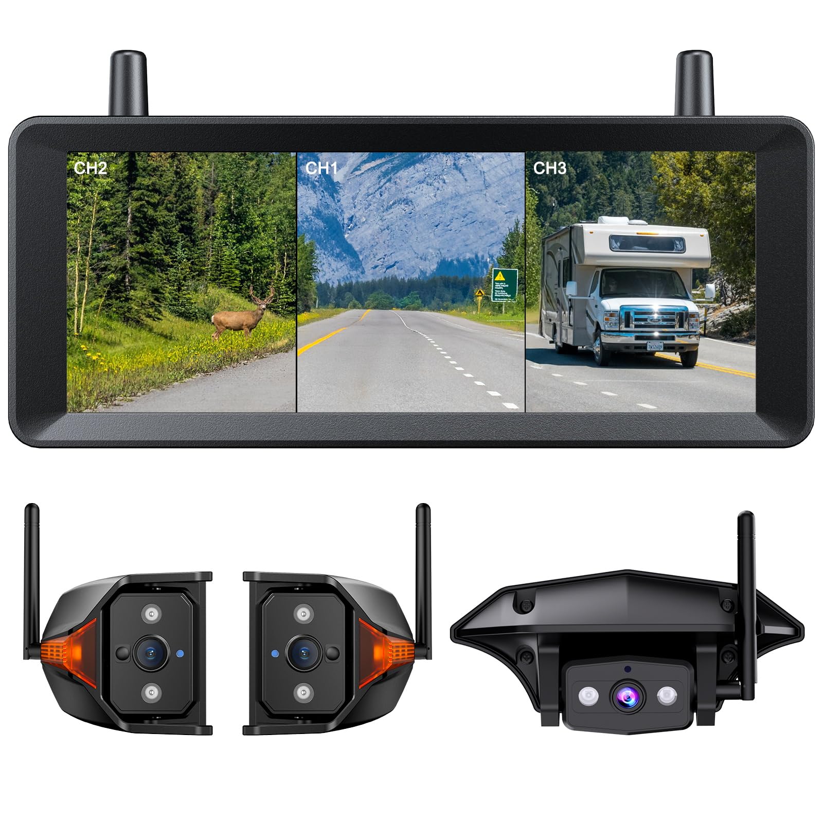 AUTO-VOX Wireless RV Backup Camera System: Rear and Side Coverage on a Large 7.2’‘ HD Monitor, Triple Split View, IR Night Vision, DVR Recording Back up Camera for RV,Travel Trailer,Motorhome,Camper