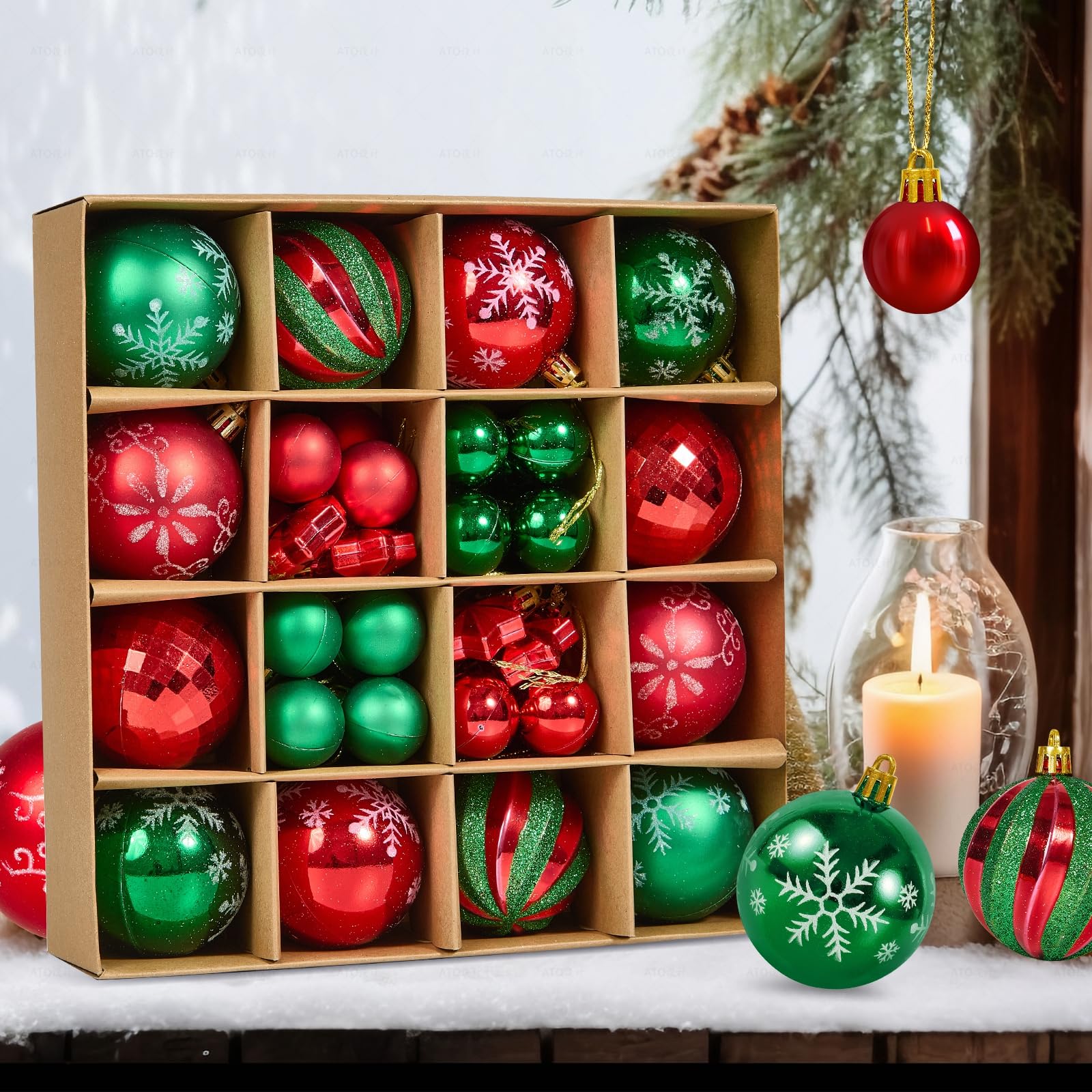 Fuyuleyo 44Pcs Christmas Baubles, Red and Green Christmas Tree Decorations Set - Image 4