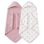 Yoofoss Hooded Baby Towels for Newborn 2 Pack 100% Muslin Organic Cotton Baby Bath Towel with Hood for Babies, Infant, Toddler and Kids,37.5x37.5, Soft and Absorbent Newborn Essential,Pink&WhiteLeaf