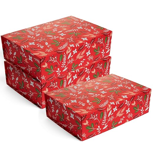 Sorarto Luxury Gift Box with Magnetic Lid 3-Pack | Christmas Red Decorative Gift Boxes for Presents, Holiday Gifts, and Keepsakes. 11.5" x 7.5" x 3.5"