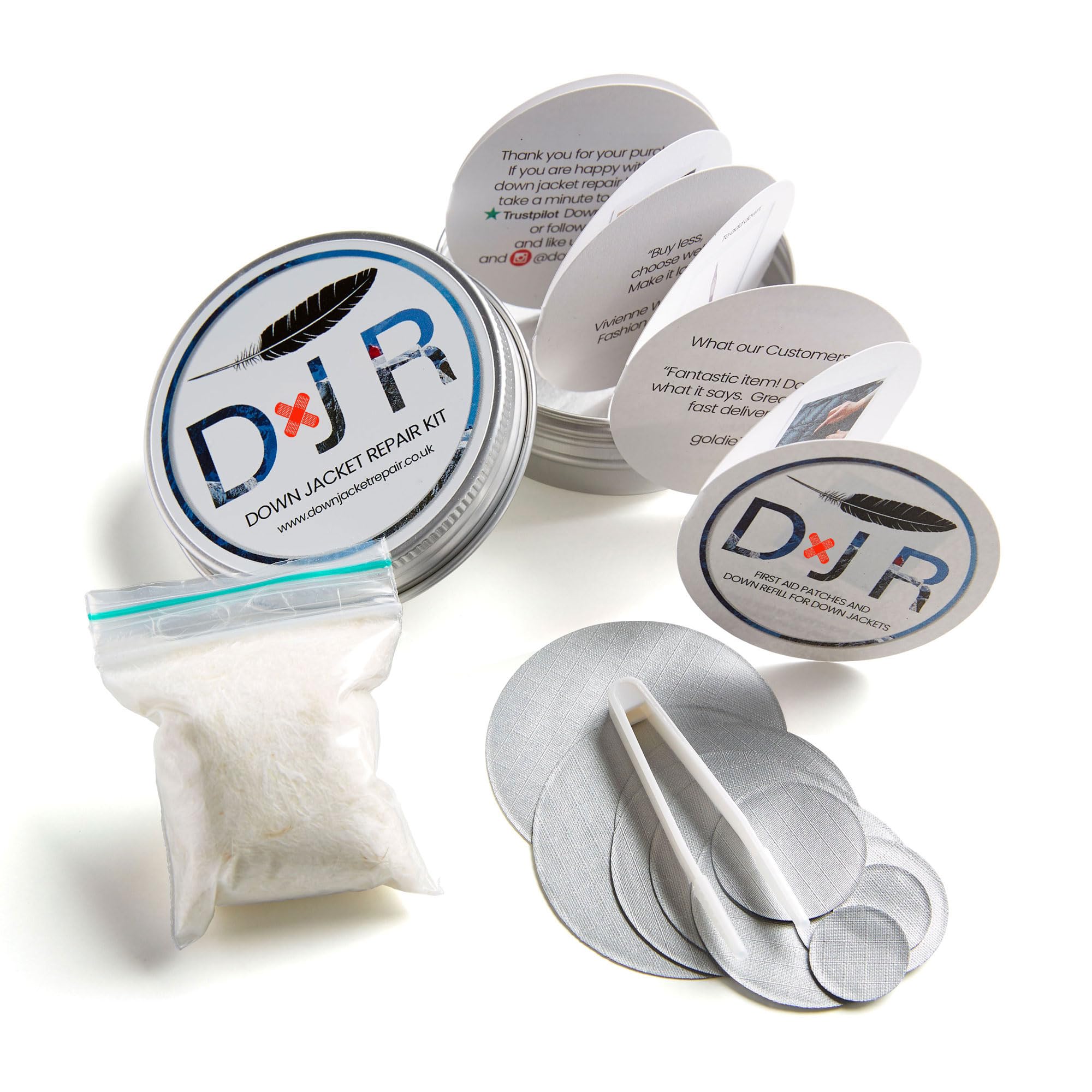 DJR COMPLETE DOWN JACKET REPAIR KIT - 10 Easy to Use, Pre-Cut, Self-Adhesive, Waterproof, Tear-Resistant Patches + 1g Pure Goose Down to Fix Holes in Down Jackets, Outdoor Gear (Silver)