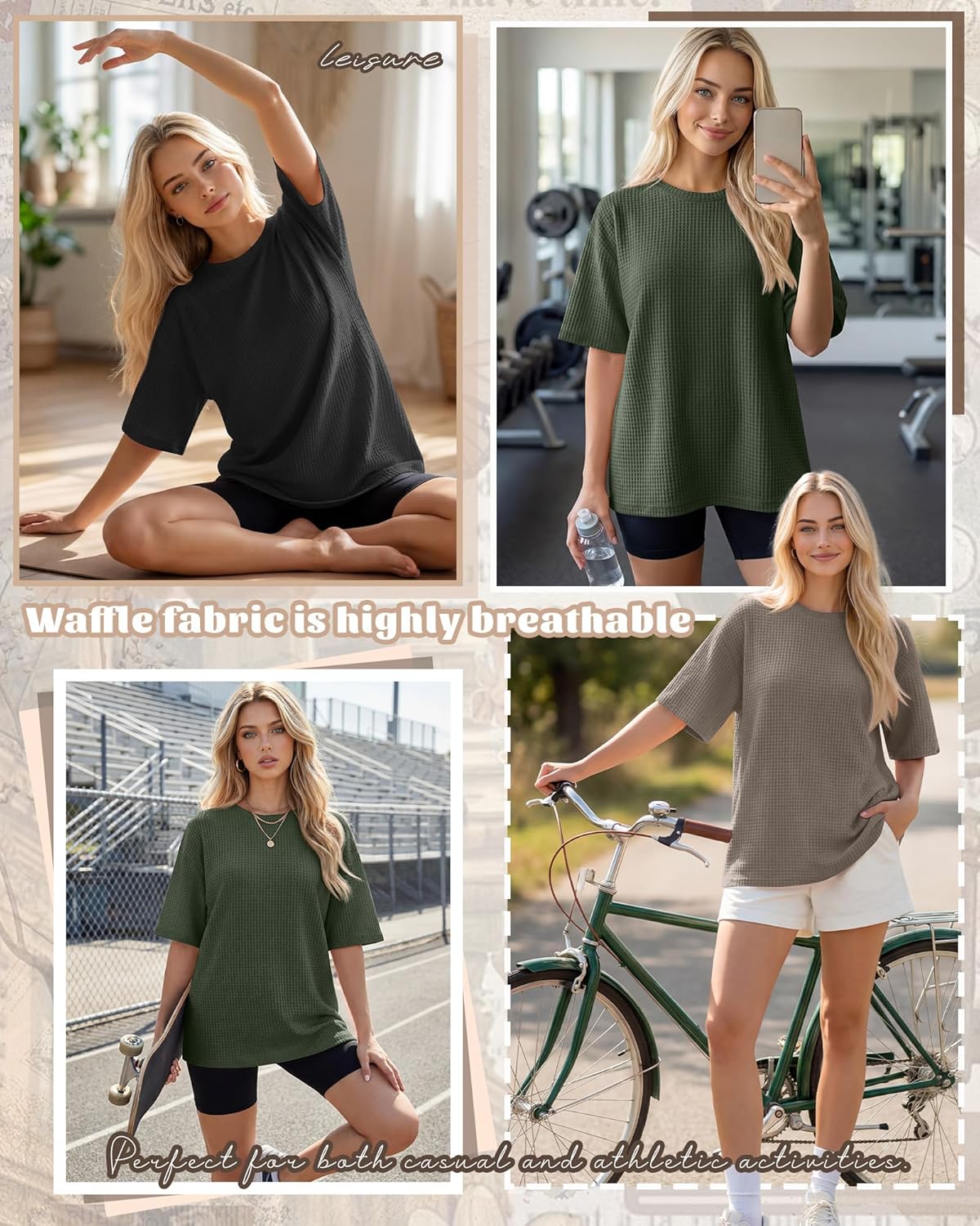 Oakgarden 3 Pack Women's Oversized Waffle T-Shirts, Half Sleeve Crewneck Loose Fit Workout Tops Casual Baggy Tee Gym Summer