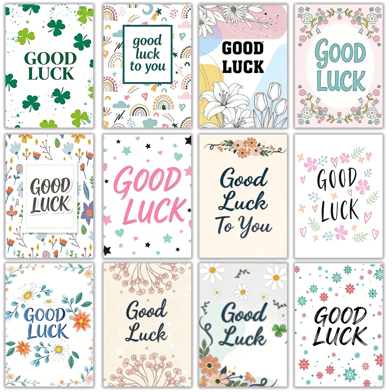 12 Pack Good Luck Cards for Students with White Envelopes and Clover Stickers Motivational Cards Set 12 Unique Designs for Graduation Leavers Teacher Congratulations Goodbye