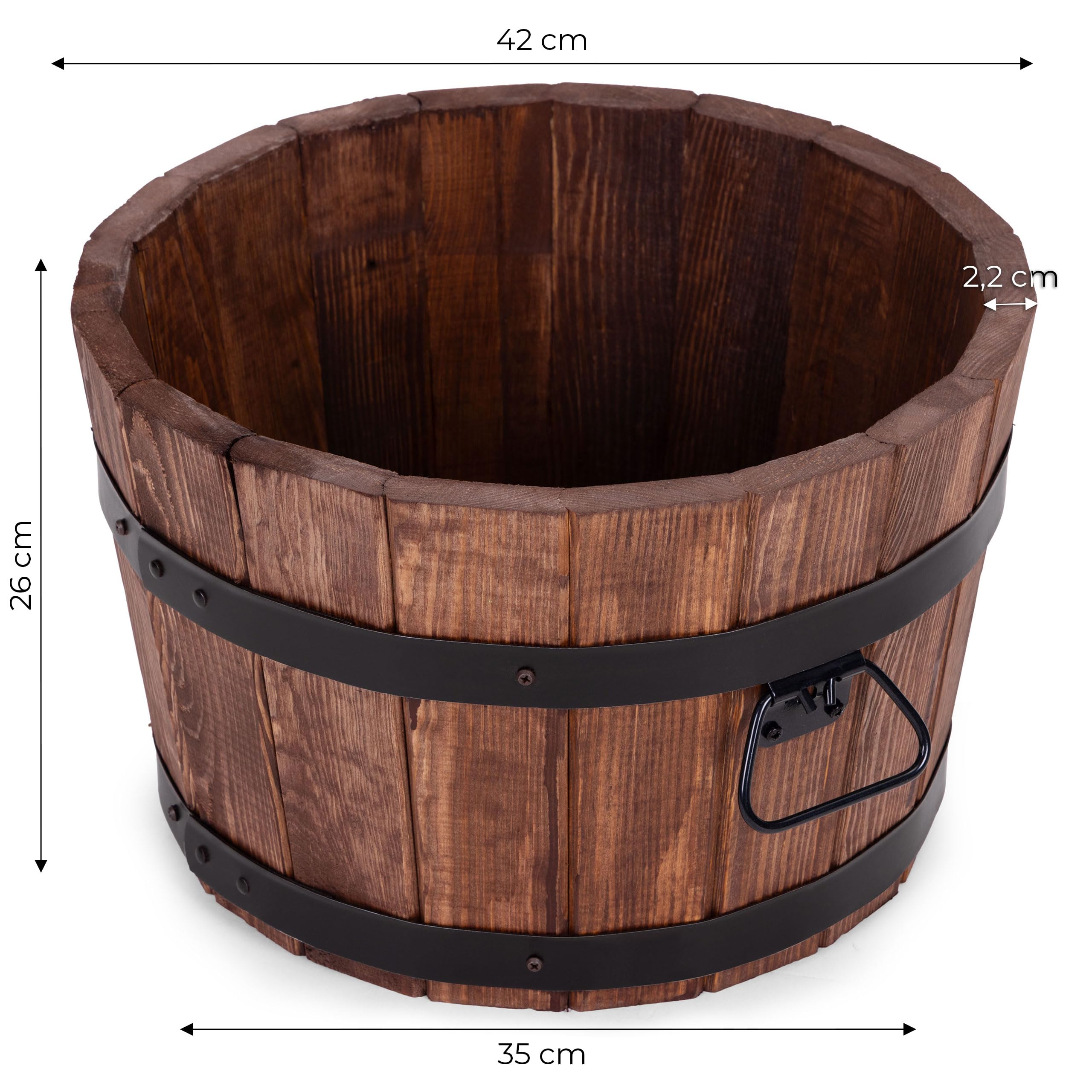 Großer Holz Blumentopf Runder Garten Pflanzkübel mit Metallringen Dekoratives Holzfass als Pflanztopf Wetterfeste Blumenkübel für draußen Balkon Terrasse & Garten (braun, Ø42 x H26)