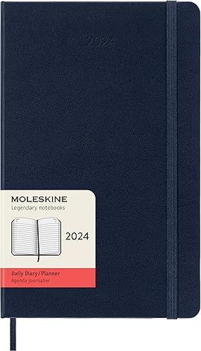 Moleskine Agenda diaria 2024, 12M, grande, azul zafiro, tapa dura (5 x 8.25)
