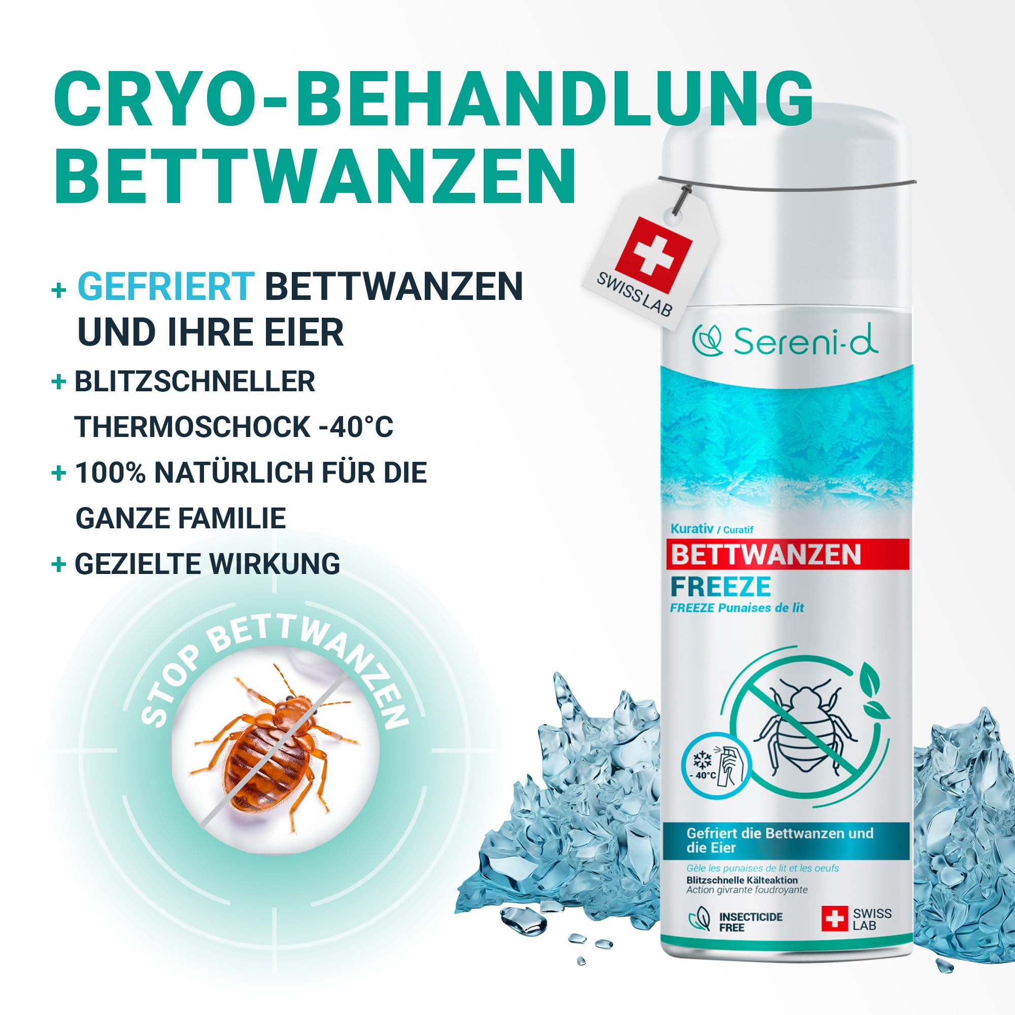 SERENI-D - Anti-Bettwanzen-Spray FREEZE – FREEZE-Aktion, sofort wirksam zur Bekämpfung von Bettwanzen - effektives Mittel gegen Bettwanzen – Swiss Lab