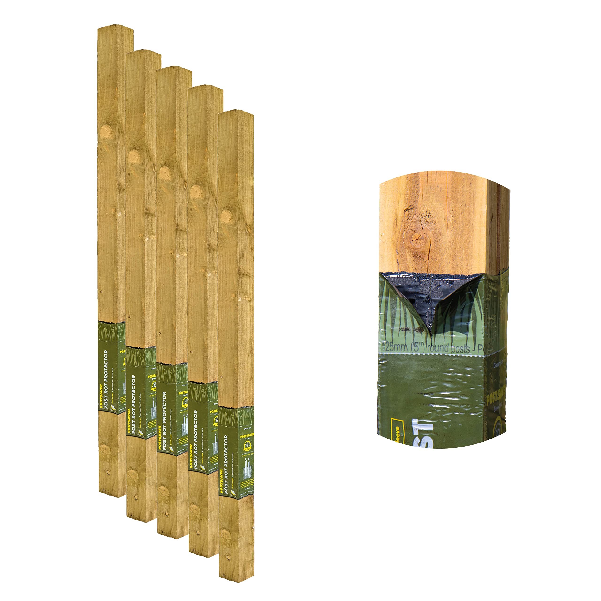 Postsaver Rot Protected Wood Fence Post 4x4" | Pressure-Treated Timber Post for Gardening | Decay-Protected with Postsaver Dual-Layer Rot Protector | 20-Year Guarantee | Pack of 5 | 8 Ft. Long
