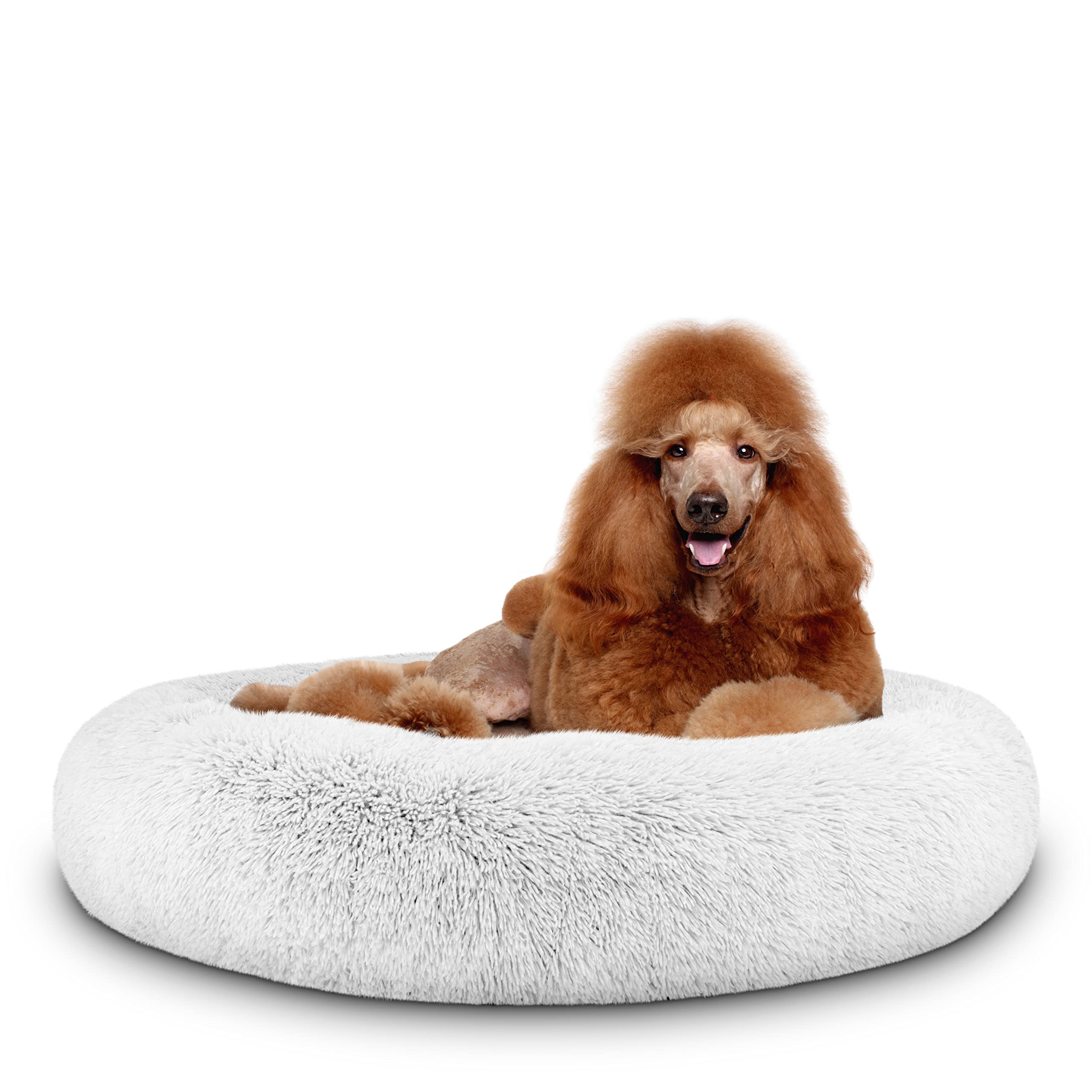 The Dogโs Bed Calming Donut Dog Bed, Plush Faux Fur Round Cuddler Nest โ Removable Washable Zip Cover, XL Beds - 114cm Diameter, Ice White Fur