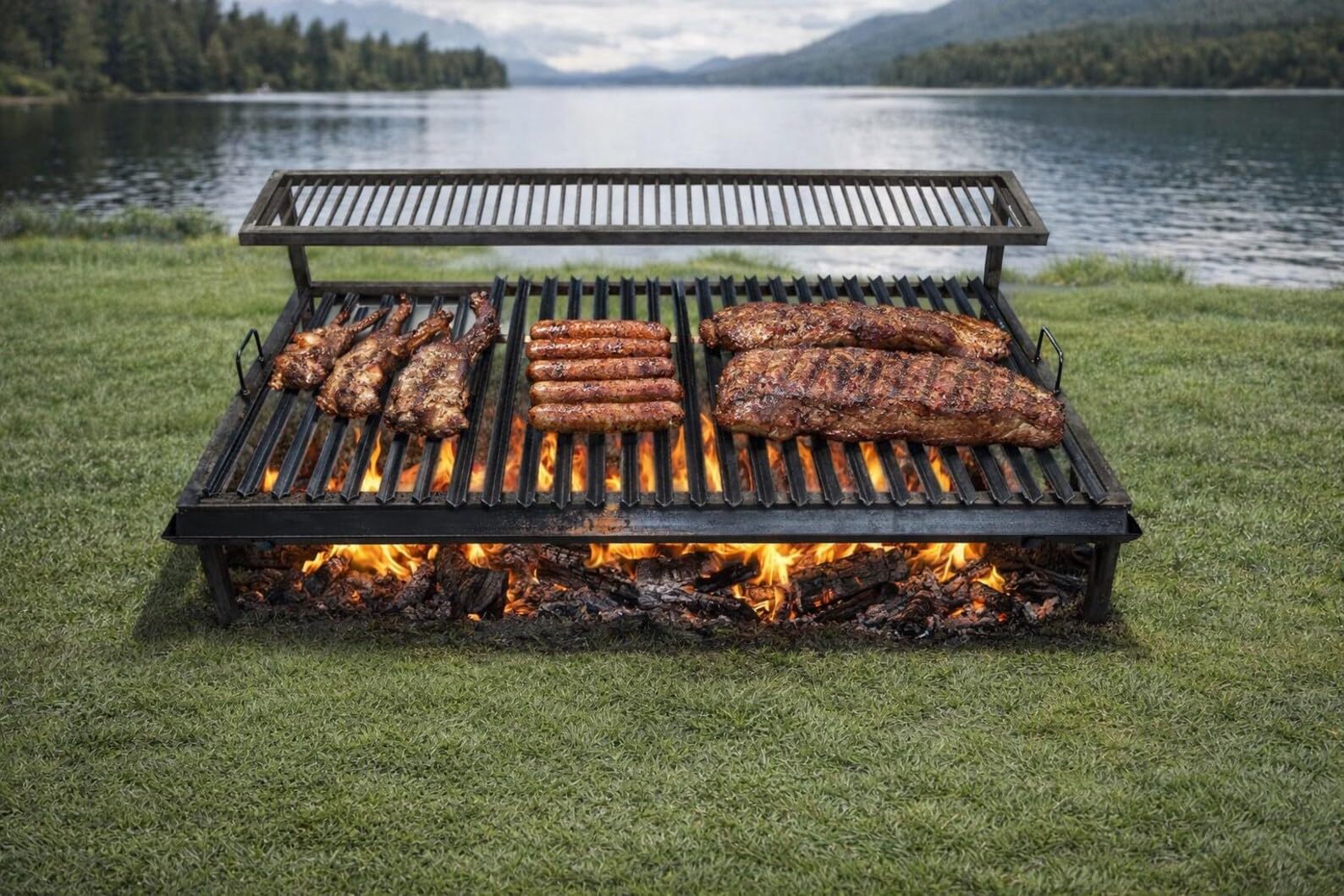 Premium Argentine Grill – Griglia in ferro angolare con manici e padella di scarico, Heavy Dutyl – BBQ – Emparrillado con manijas, Asado Argentino Sor pampa grill – (80 x 50 cm)