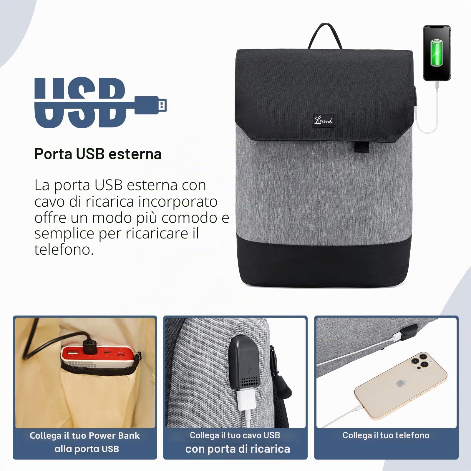 LOVEVOOK Zaino da donna elegante zaino impermeabile con scomparto per computer portatile da 17 pollici e custodia antifurto per gite, università, scuola e ufficio, grigio/nero