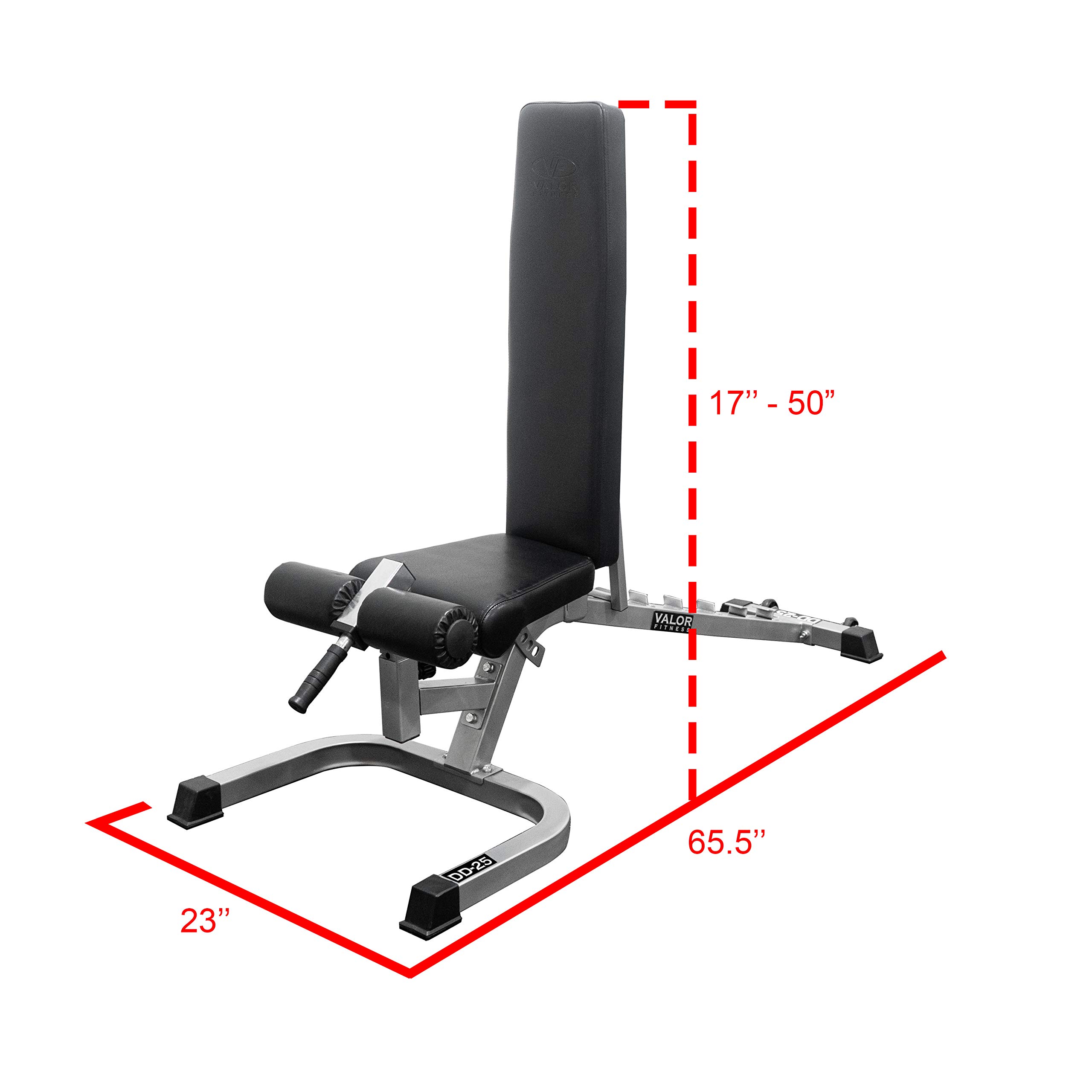 Valor Fitness DD Adjustable Flat, Incline, Decline Bench with Leg Support - 7 Position Back Pad, 4 Position Seat Pad, DD-25 Adjustable Bench with Wheels