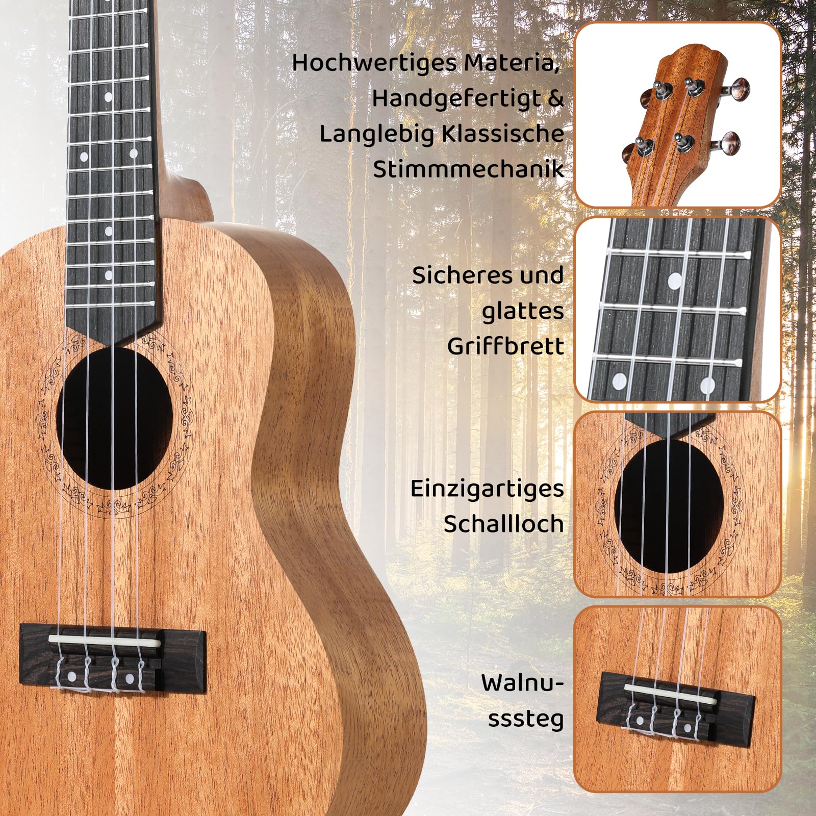 Ukulele Adulte Enfants,Ukulélé Guitare Adulte 21 Pouces,Ukulele Concert Guitare Acoustique,Ukulele Soprano en Bois d'acajou avec Cordes et Sac Transport,Guitare pour Enfants à Partir 6 ans, Marron