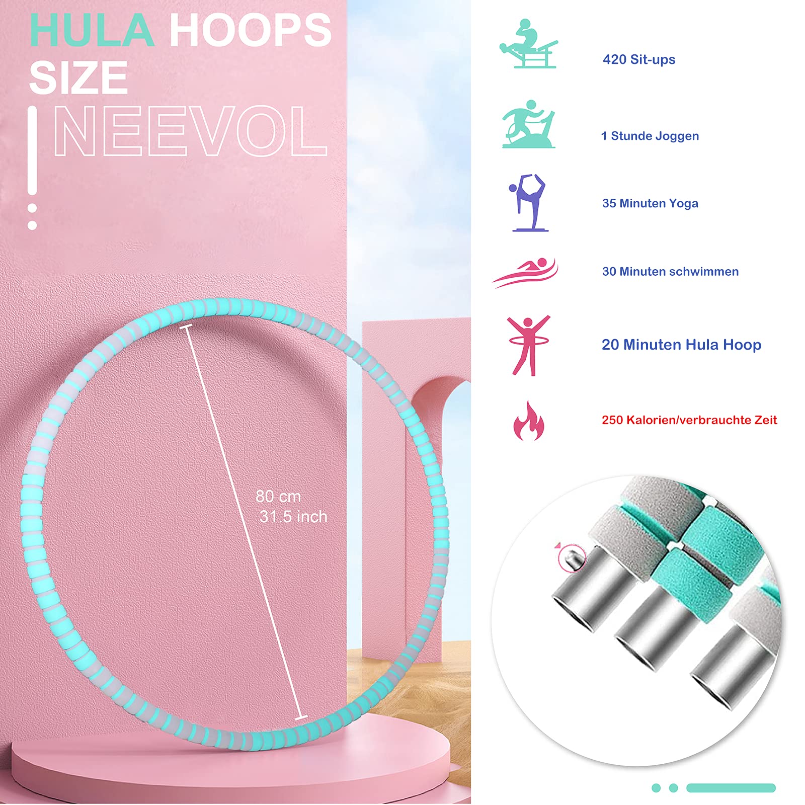 Hula Hoop Reifen für Erwachsene Fitness, verbessertes 1 kg verstellbares gewichtetes Hula-Hoop-Set für Übungen zur Gewichtsreduktion Workout Training (Grün, 8 Knoten)