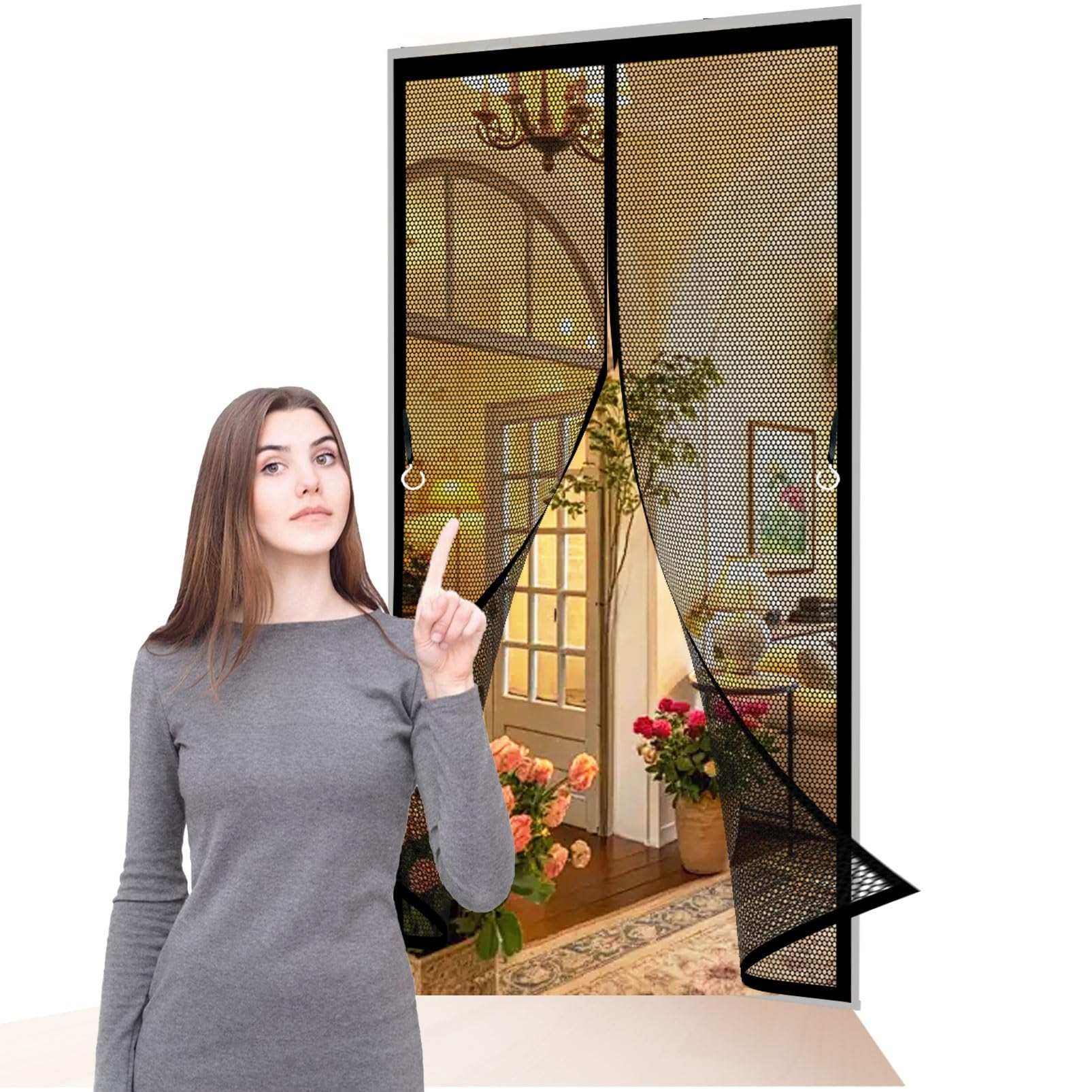 Magnetic Fly Insect Screen Door 139 x 188 cm Frame Hook & Loop, Powerful Magnets Magnetic Door Curtain Heavy Duty, Lets Fresh Air for Keeping Out Flies, Black