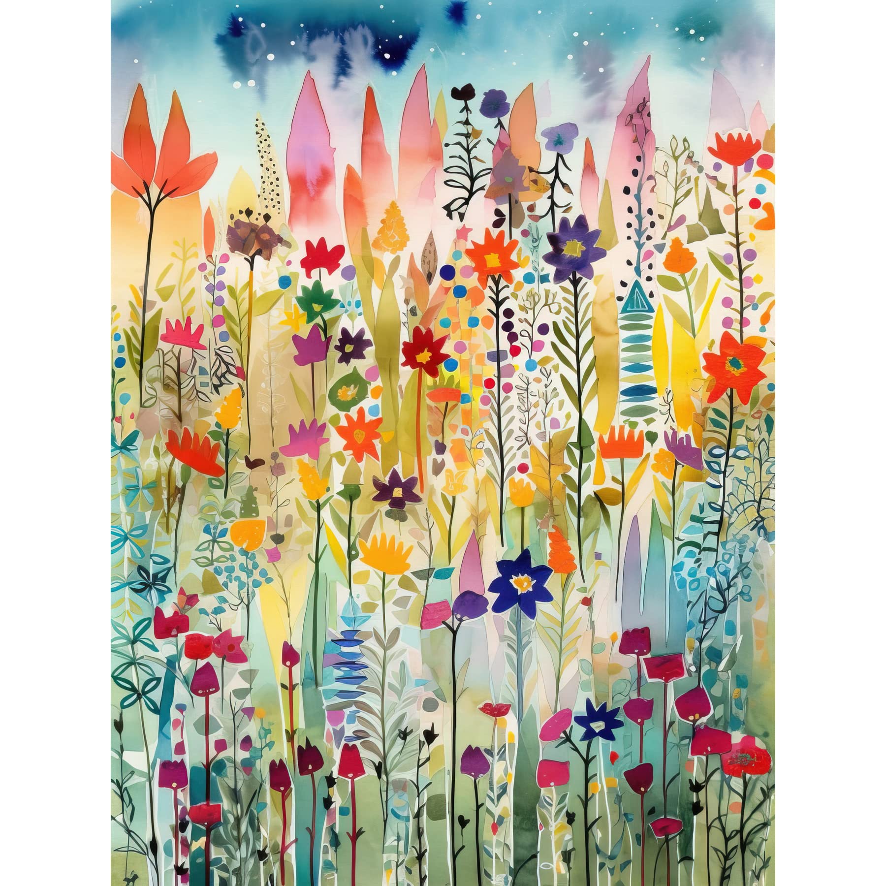 Artery8 Layered Spring Flower Field Folk Art Large Wall Art Poster Print Thick Paper 18X24 Inch