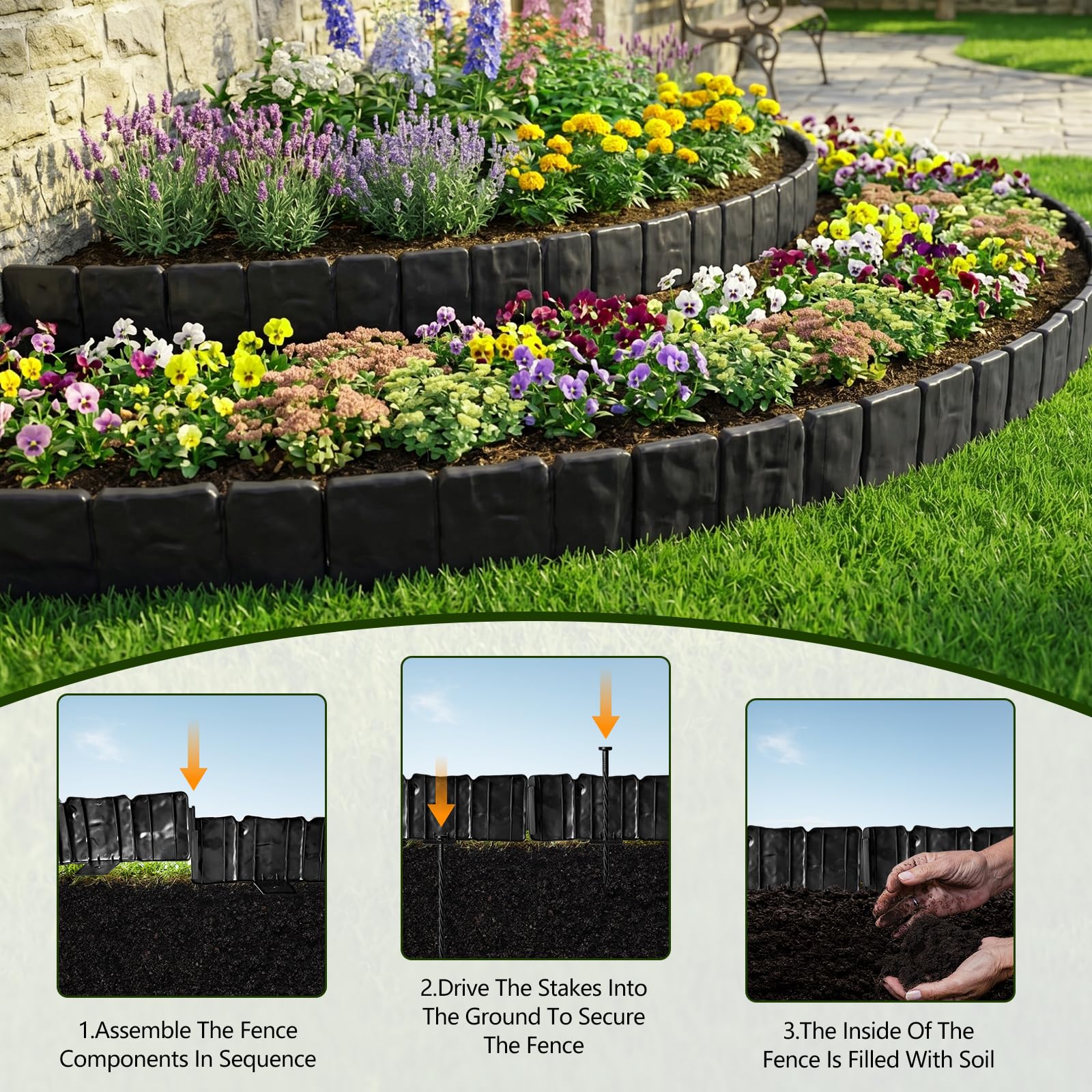 Recinzione per Giardino 5m, Bordo Giardino Decorativa in PP Resistente, Pietra Bordo per Prato Adatto in Plastica per Aiuole e Prati, Facile da Installare per Vialetti, Aiuole e Prati, Nero