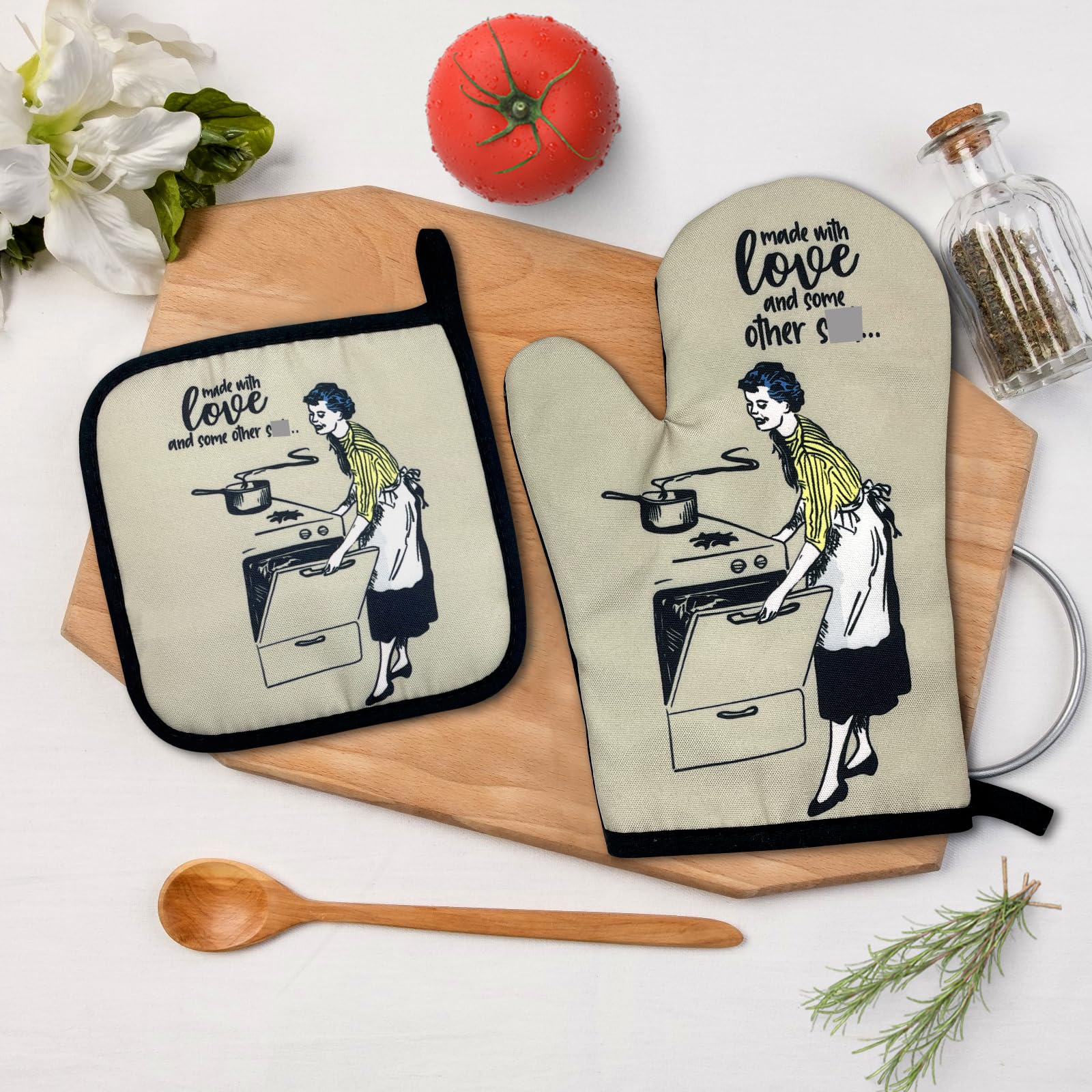 Made With Love and Some Other Sxxt... Funny Oven Mitts and Pot Holders Set of 2, Silicone Non-Slip Kitchen Gift for Women, Cooking Baking BBQ, Housewarming
