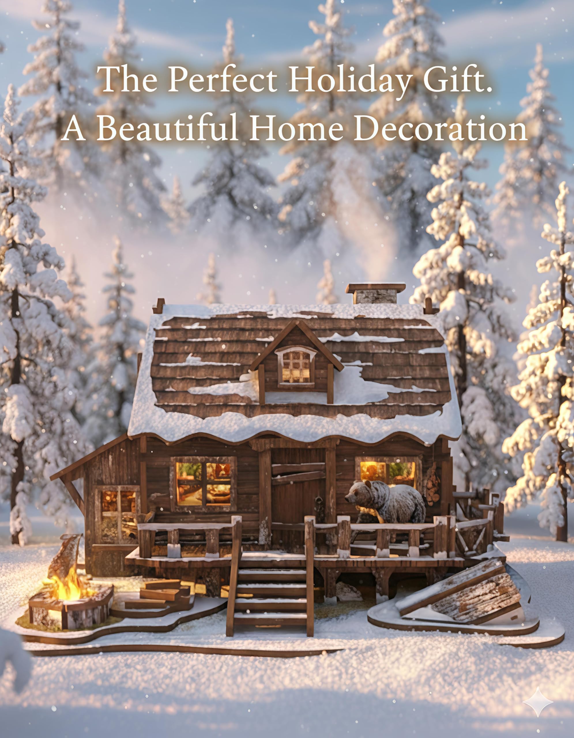 Snapklik.com : LED 3D Wooden Puzzle Winter Cabin DIY Miniature Building Kit