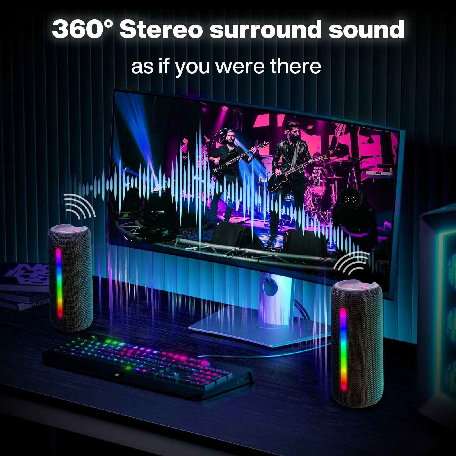 MU Enceinte Portable Bluetooth 5.3 sans Fil avec Bass Puissantes,Étanche à l’Eau et à la poussière, Subwoofer à 360 Degrés, Autonomie 24 hrs, Double Appairage Stéréo, Lumière LED