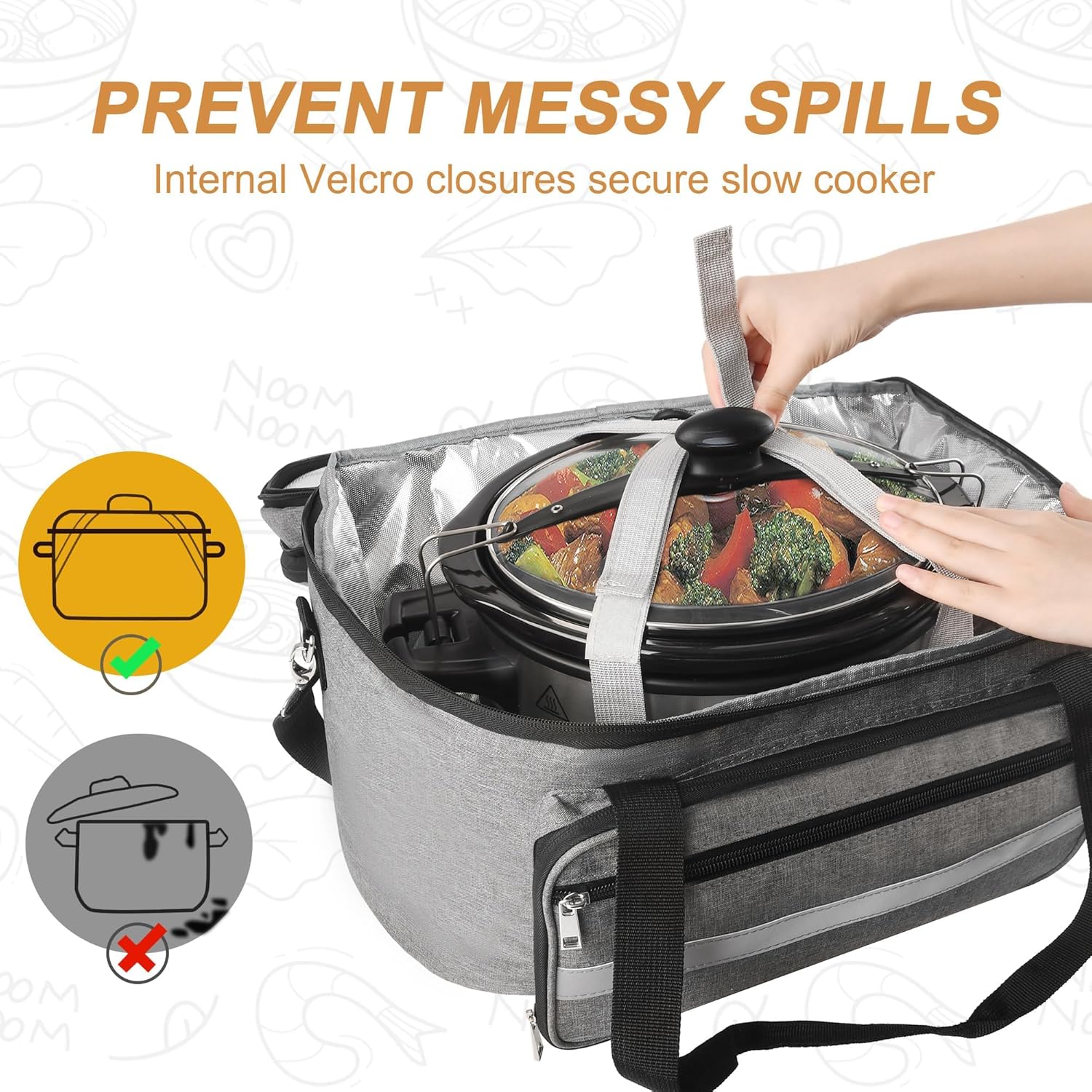 Double-Layer Slow Cooker Carrying Bag, Insulated Travel Carrier with Adjustable Band and Accessory Pocket, Portable Carrier Case for 6-8 Quart Crock, Compatible With Other Brands (Grey, Bag Only)