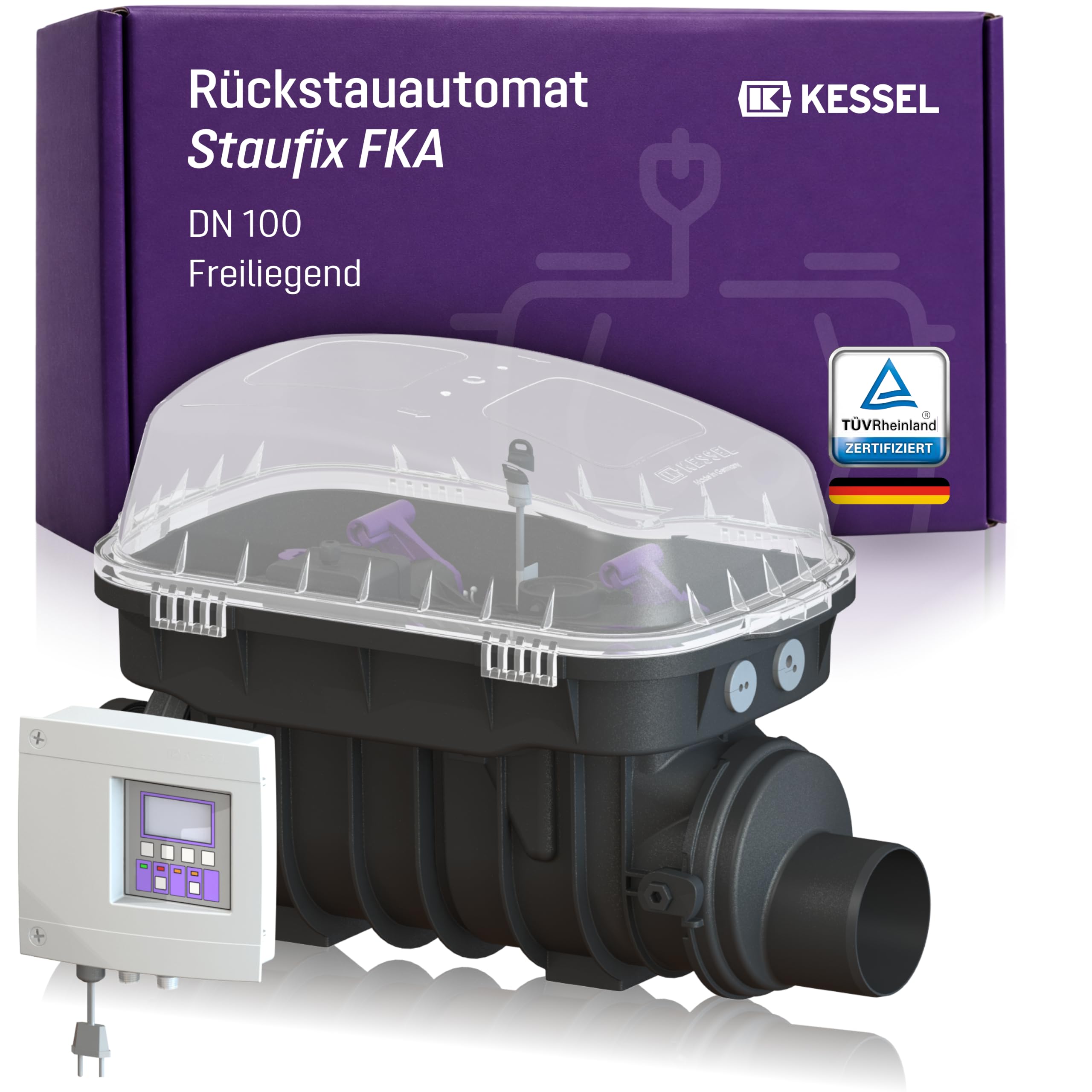 Kessel Rückstauautomat Staufix FKA DN 100 Typ 3, fäkalienhaltig 84100 | Premium-Rückstausicherung für Abwasser, WC, Bad, Schaltgerät Comfort mit optischer Sonde, GSM, USB, EN 13564