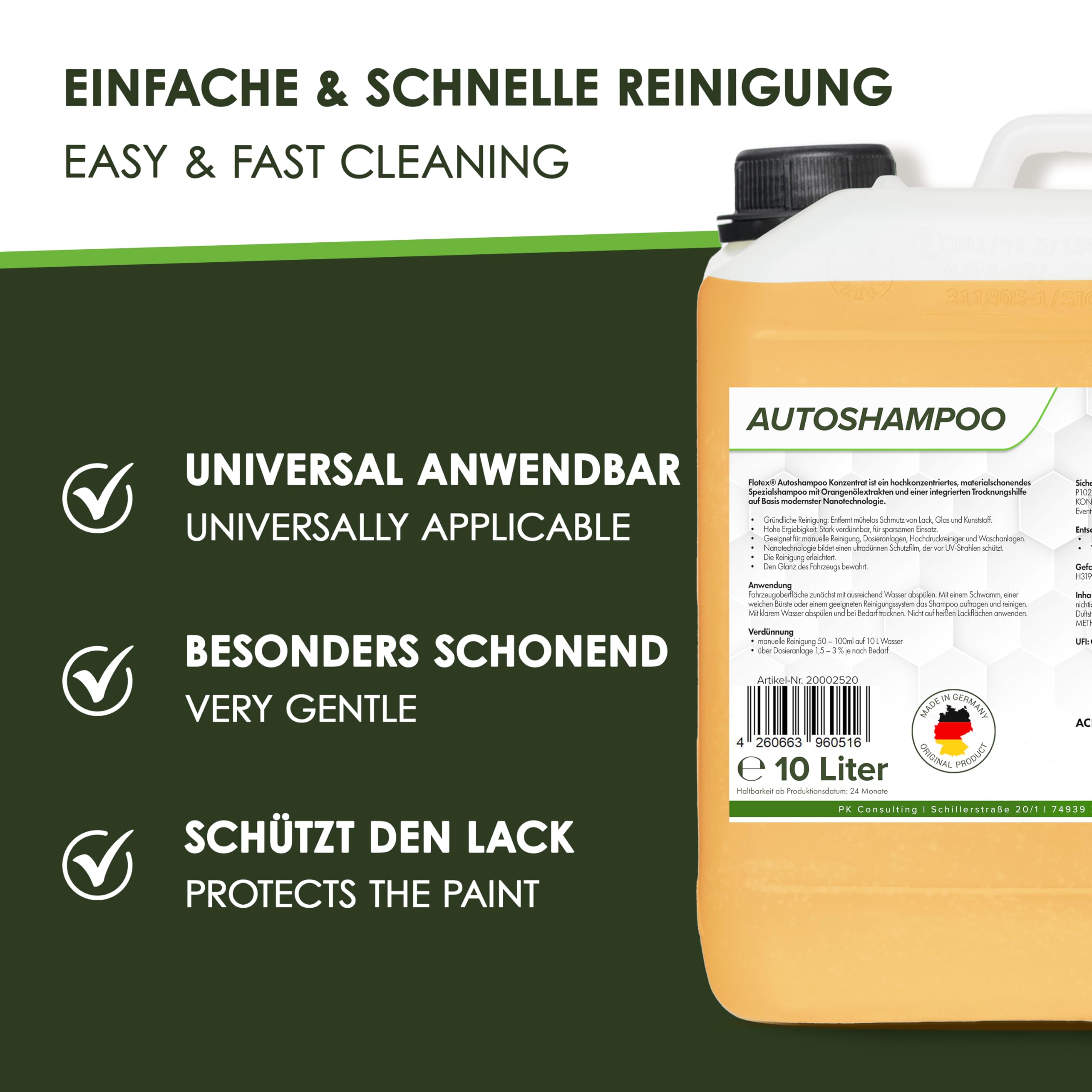 Autoshampoo Konzentrat im praktischen 2x10L Kanister | Autoshampoo für Hochdruckreiniger | Autoreiniger für PKW, LKW, Wohnmobil und Motorrad