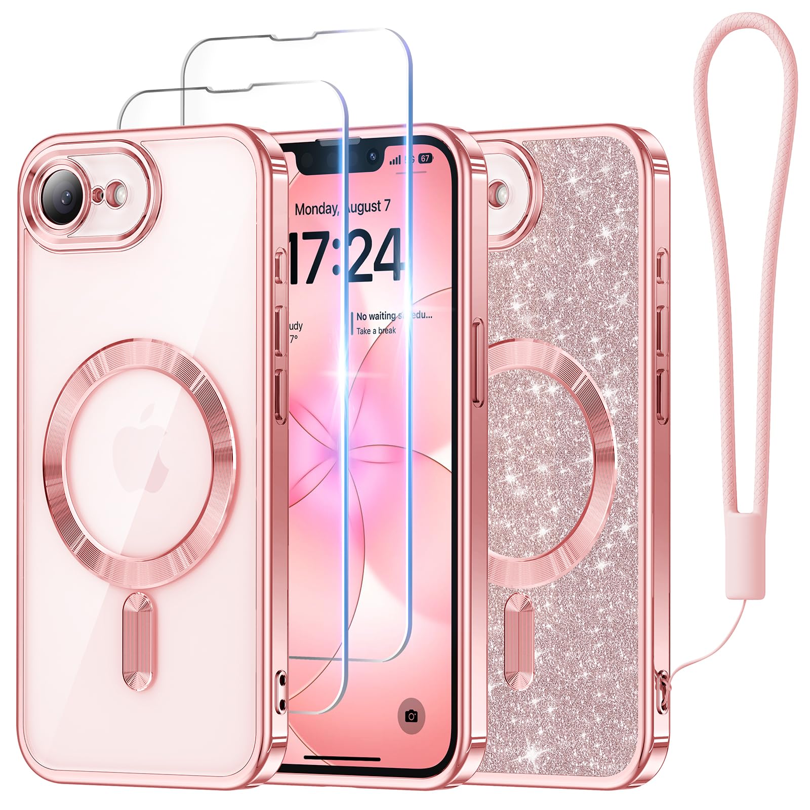 Meifigno ケース iPhone 17e/16e 用 [MagSafe対応] [HDフィルム 2枚] [グリッターカード&リストストラップ] サラウンドレンズ保護 iPhone 17e/16e ケース用 ローズゴールド