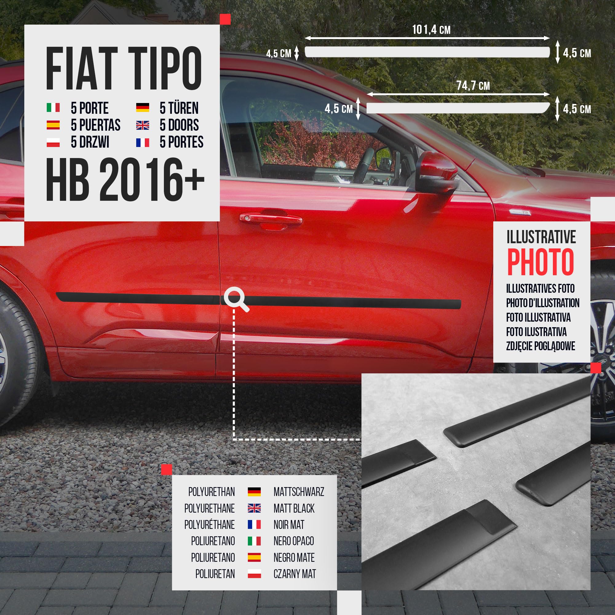 CHROMEMASTER | Modanature Laterali | Compatibile con Fiat Tipo Berlina, Hatchback, SW dal 2016 | Plastica Le Modanature Laterali Proteggono la Vernice Della Portiera Dell'auto da Graffi e Danni