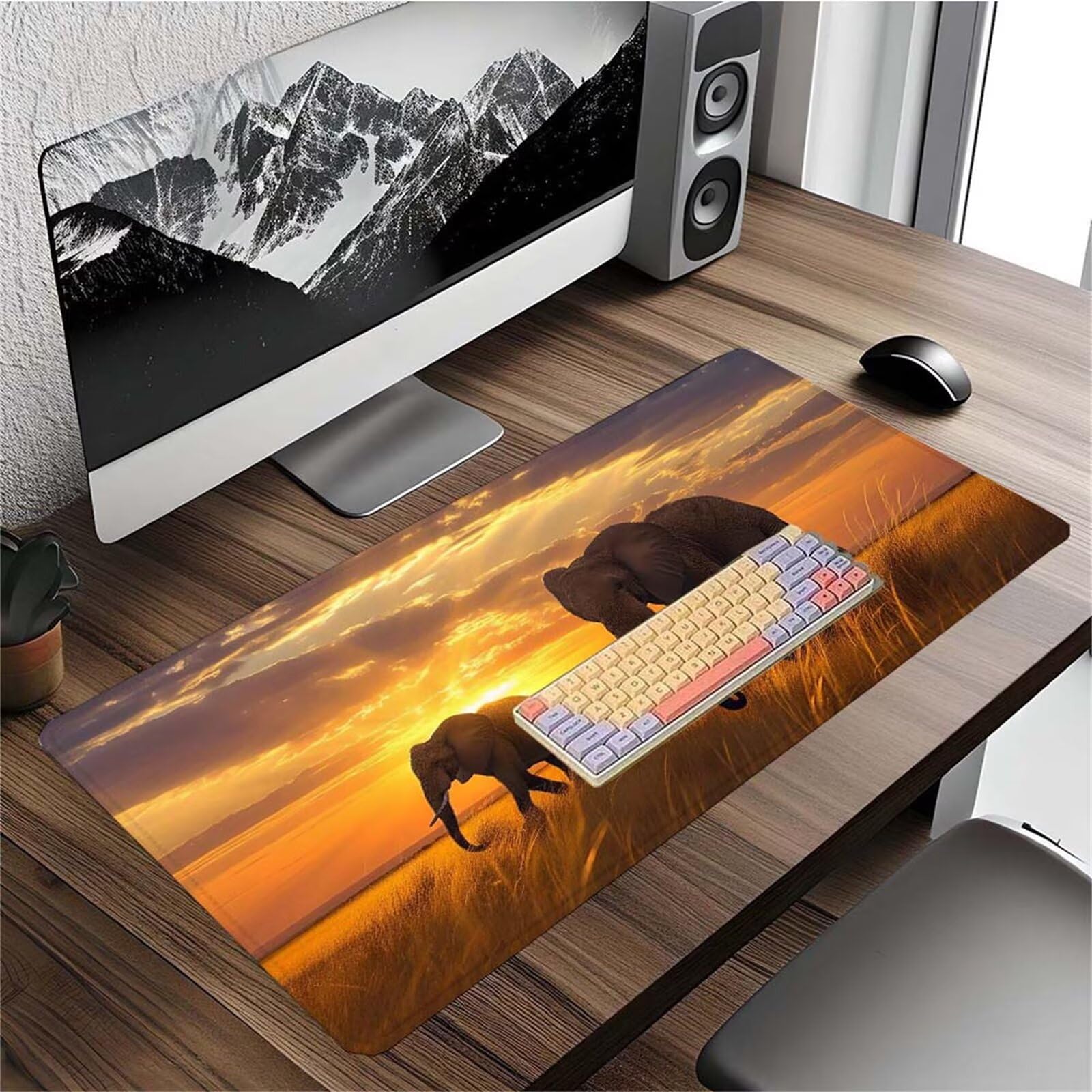 Alfombrilla Ratón Atardecer Elefante Alfombrilla Ratón XXL 1400x600x3mm Mouse Pad Resiste Salpicaduras, Extendida de Gran Tamaño con Bordes Cosidos, Mejora la Precisión y la Velocidad, Regalo y-303