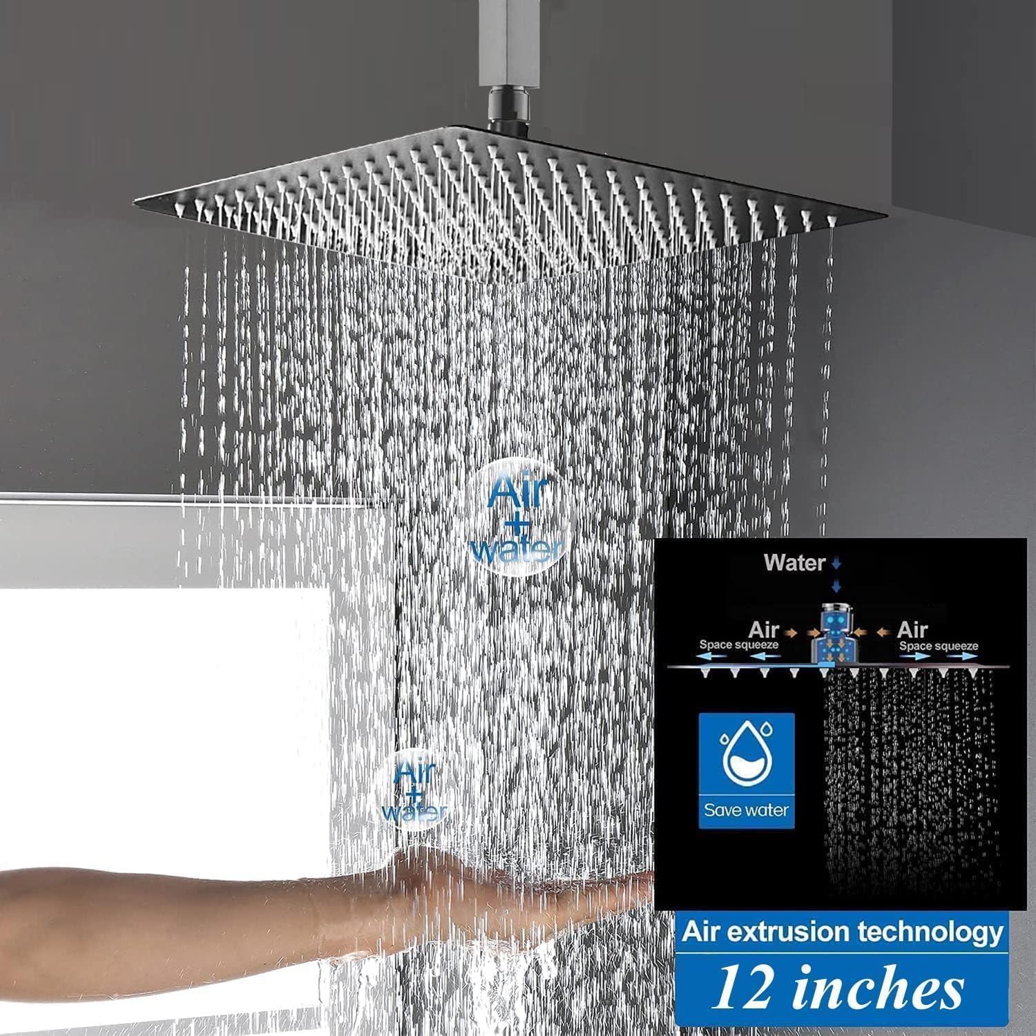 Metalowa słuchawka prysznicowa 25,4 cm ze słuchawką prysznicową, kwadratowa wysokociśnieniowa głowica prysznicowa z ramieniem przedłużającym 27,9 cm, wąż prysznicowy 200,9 cm, uchwyt