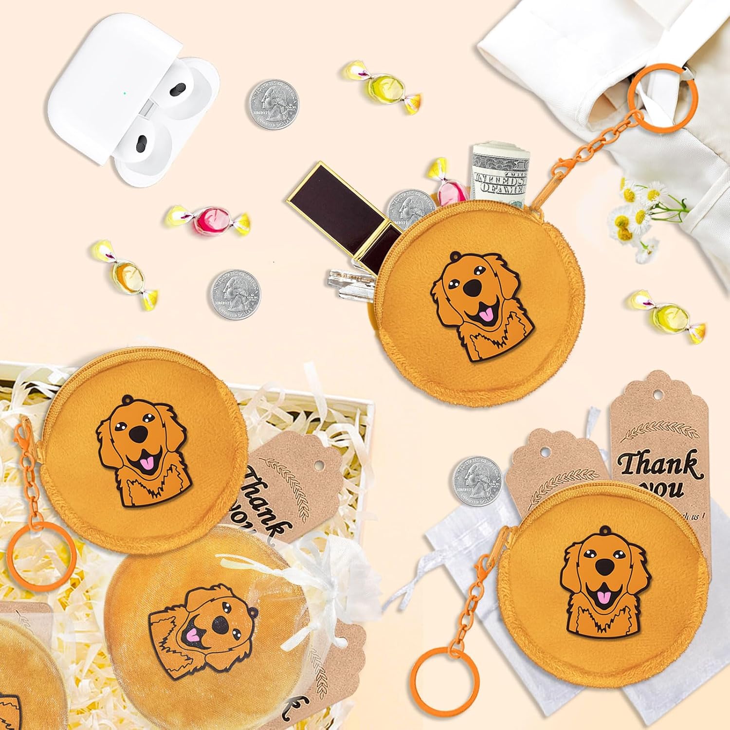 12 Pack Golden Retriever Coin Purse with Zipper Keychain,Wallet Bag Party Favors for Birthday Party Decoration, Animal Themed Baby Shower, School Carnival Rewards, Travel, Classroom Prize - Image 6
