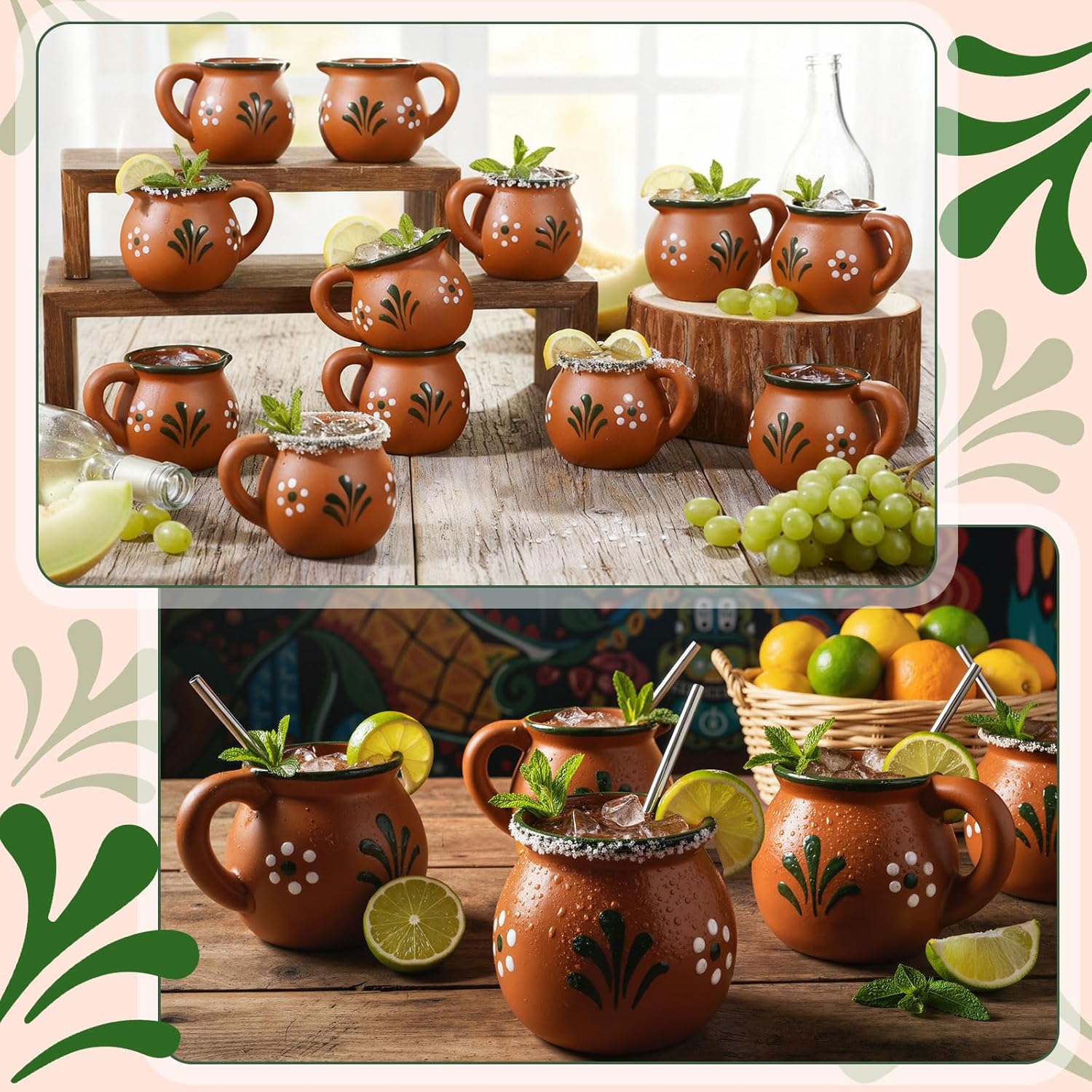 Gejoy 12 Pcs Pack of 3oz Cantaritos De Barro Mexican Terracotta Clay Mugs with Handles Artisan Made Coffee Mugs Cocktail Glasses Tea Cups for Tequila, Margaritas, Mojitos Drinks Souvenirs (Bright)