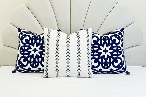 Miniatura 7 de Slow Cow Funda de cojín decorativa de lino con bordado azul marino para sofá, dormitorio, cuadrada, 18 x 18 pulgadas