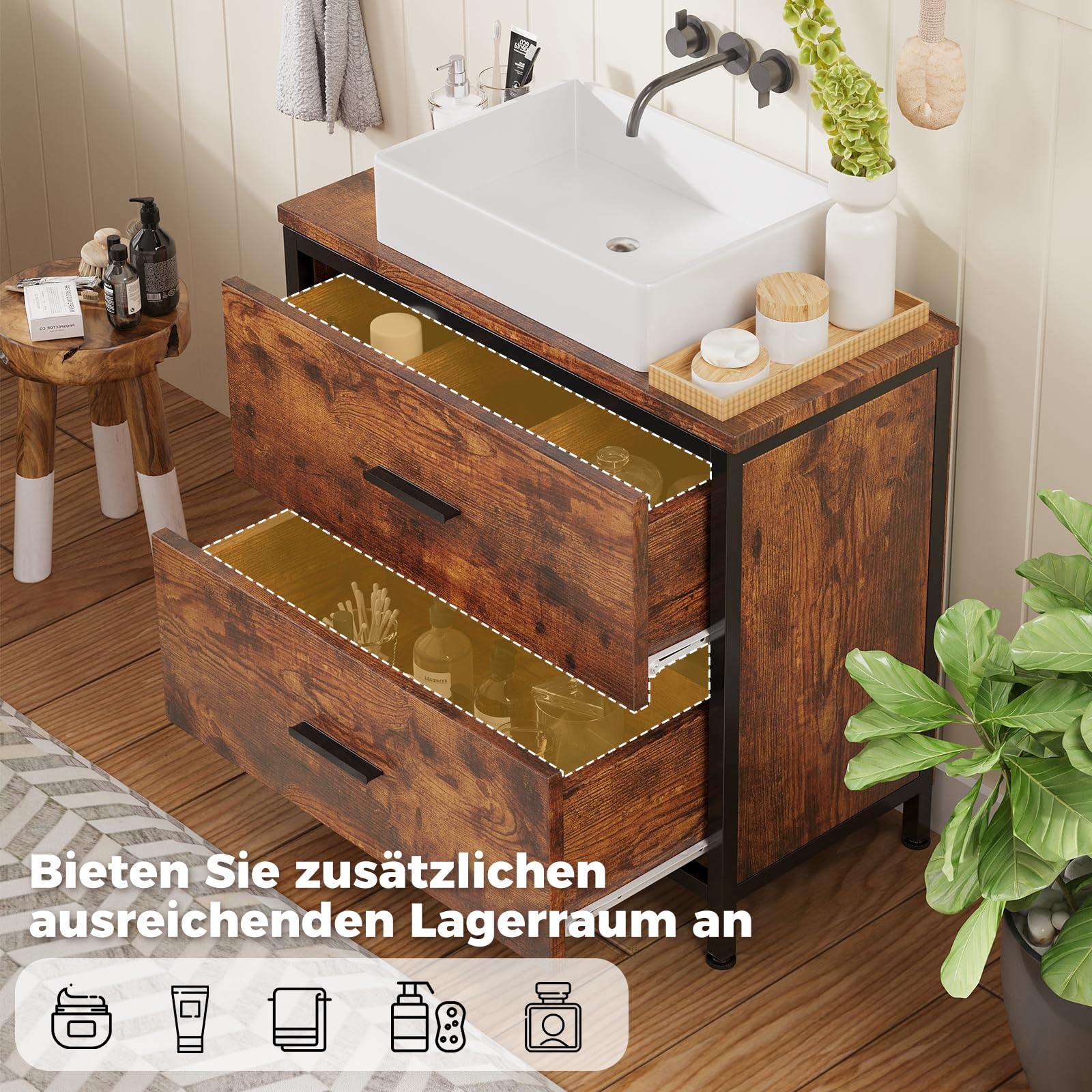 ELUCHANG Waschbeckenunterschrank,Badezimmerschrank mit 2 großen Schubladen &mit Füßen,Unterschrank 60x30x60cm,Badschrank,Feuchtigkeitsbeständig,Ideal für Kompakte Badezimmer & Gäste-WC,Schwarz+Vintage