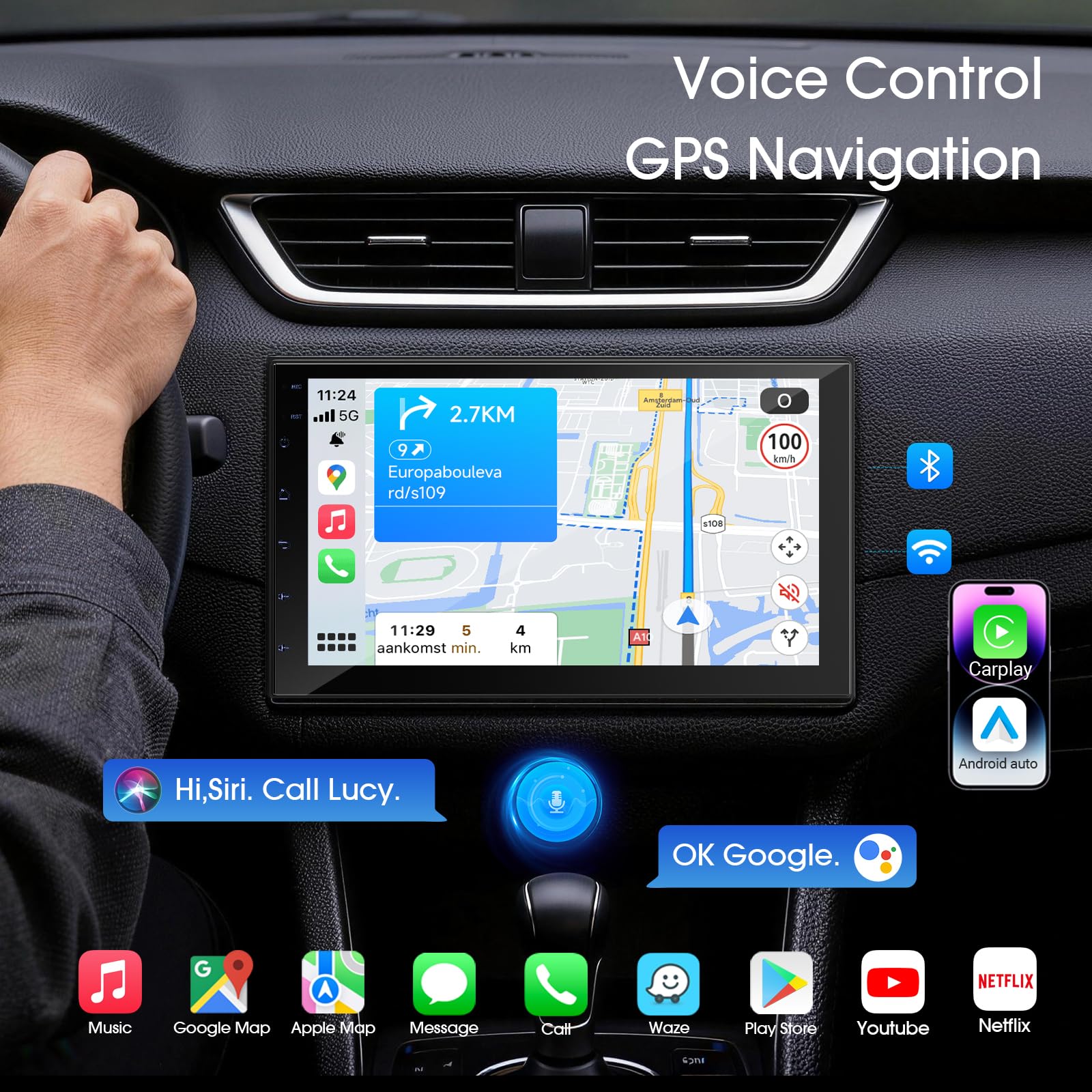 Haudio Radio samochodowe 2 Din z bezprzewodową funkcją CarPlay i Android Auto, 7-calowy ekran IPS z łącznikiem lusterka, GPS, sterowanie głosowe, SWC/FM/RDS/AM, 25 zestawów interfejsu użytkownika