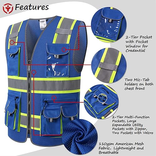 Miniatura 9 de Chaleco de seguridad negro reflectante de alta visibilidad de malla para hombres y mujeres, con 9 bolsillos y cremallera, chaleco de construcción de