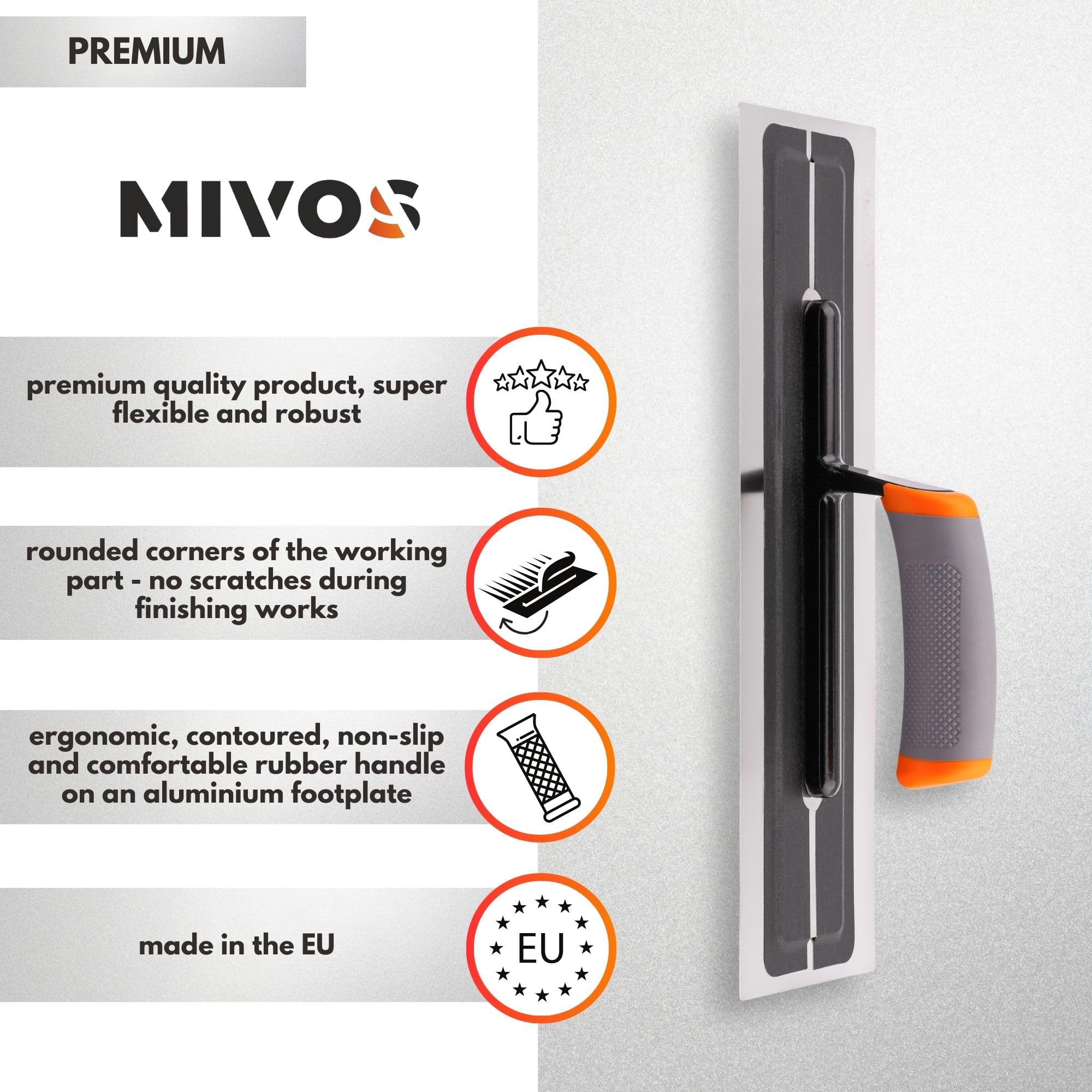 MIVOS Premium smoothing trowel made of high-quality stainless steel, 360 x 110 mm, professional smoothing wheel, smoother - Image 2