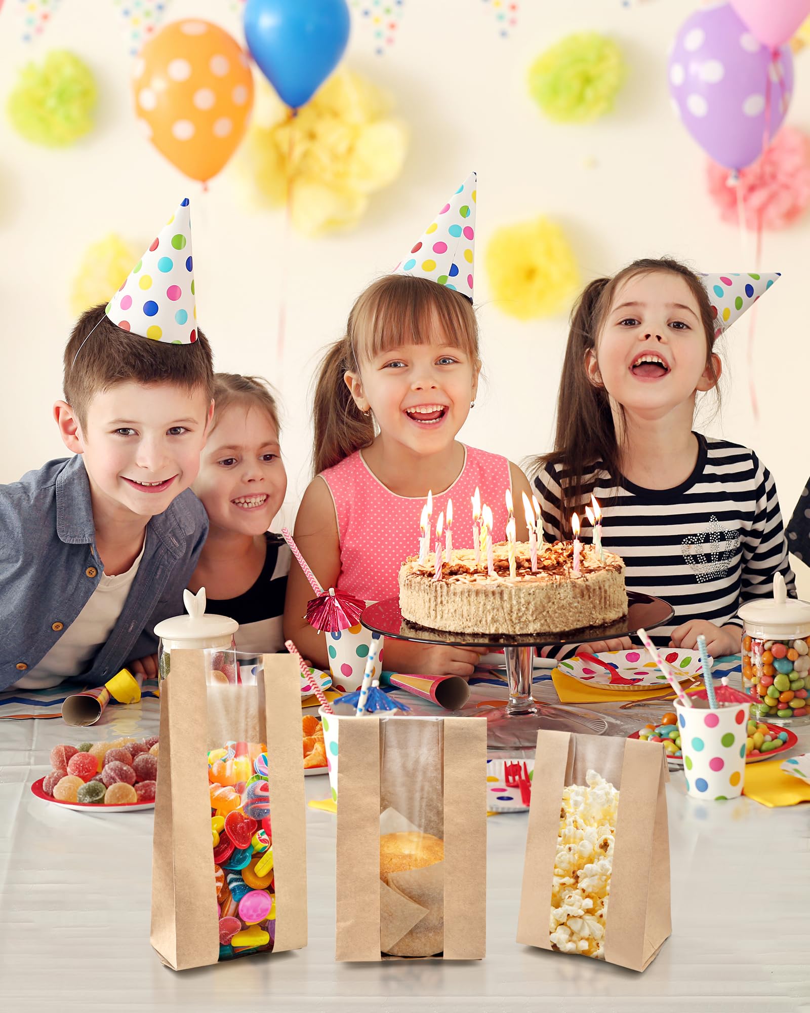 Sacchetti di Carta per Alimenti 50 Pezzi con Sigillo e Finestra, Kraft per Pane Dolci Torte, 8,89 x 5,85 x 19,05 cm