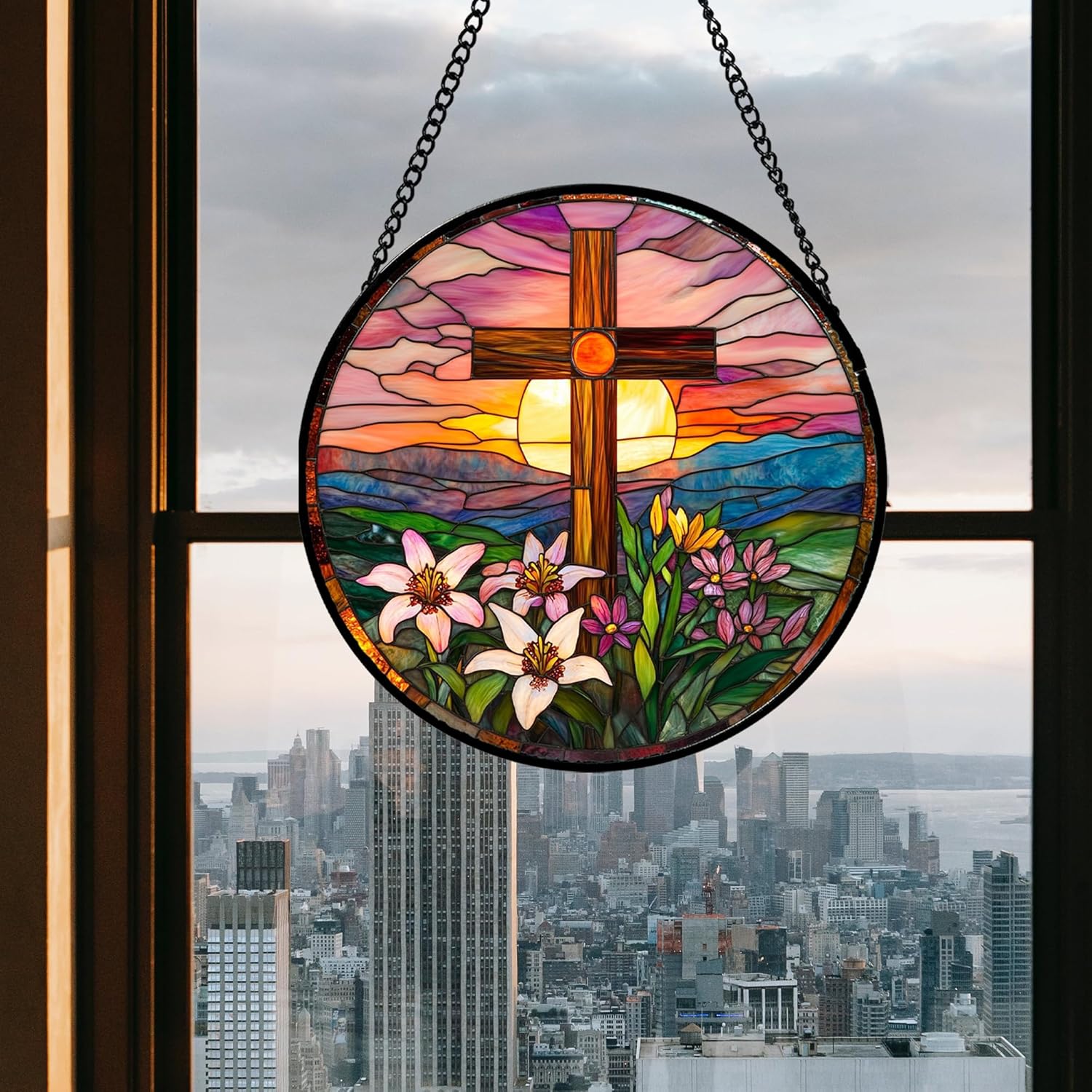 Christian Gifts for Women - Cross Stained Glass Window Hanging Jesus Easter Pink Flower Sunset Sun Catcher Garden Religion Decor Mother's Day Catholic Gift for Men Grandma Nana Her Mom 15"