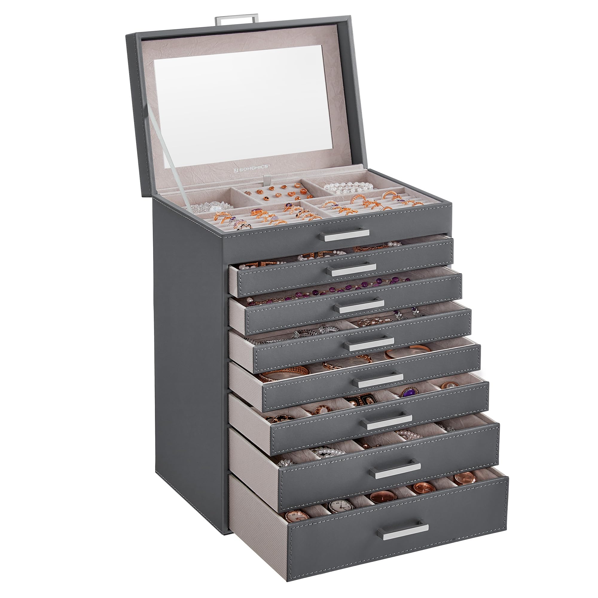 SONGMICS Scatola Portagioie, 8 Ripiani, Porta Gioielli con Grande Specchio, 7 Cassetti, Capiente, Portagioie Moderno, Idea Regalo, Grigio Ardesia JBC008G02