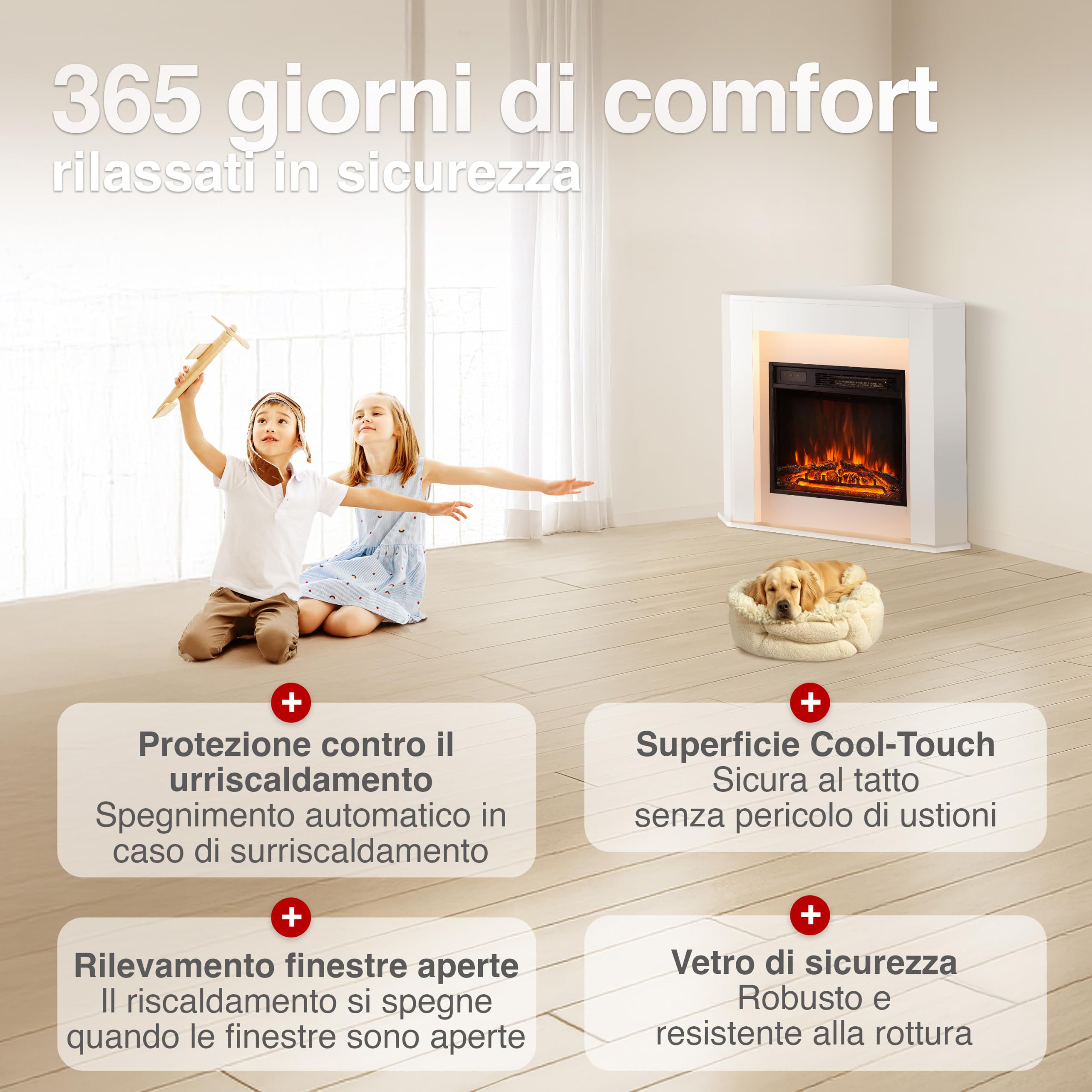 KAMINIO® Matti ANGOLARE Bianco Camino elettrico da appoggio | Caminetto elettrico da terra decorativo, termocamino con effetto fuoco 3D, LED d'ambiente, timer, termostato e telecomando