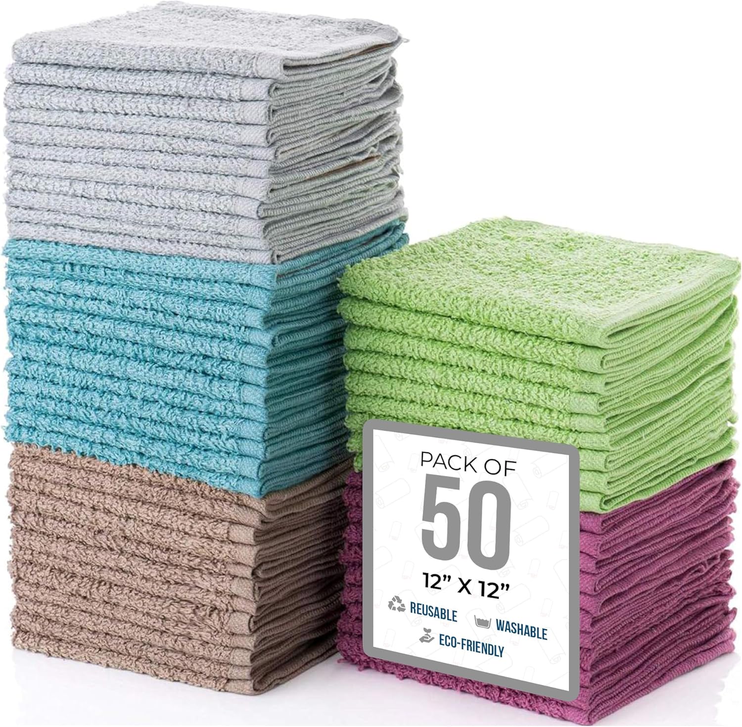 SIMPLI-MAGIC Cotton Washcloths, 50 Pack, Multi Color Towel Set